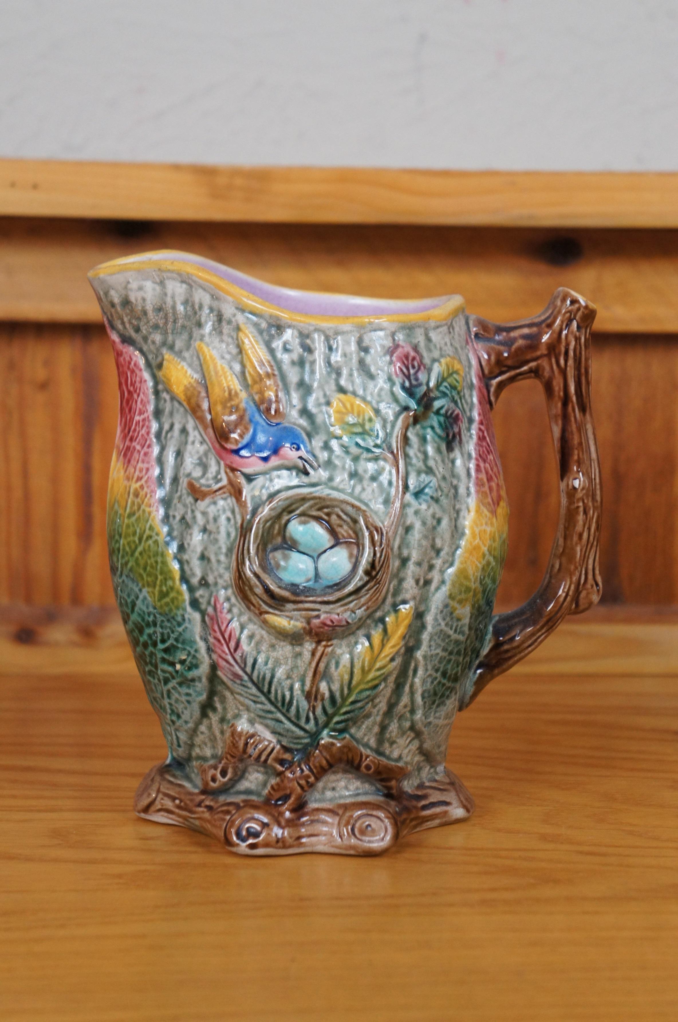 Late 19th Century Antique Majolica Arsenal Shorter & Boulton Nesting Bird Robins Egg Pitcher 8