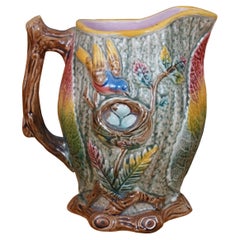Antique Majolica Arsenal Shorter & Boulton Nesting Bird Robins Egg Pitcher 8"