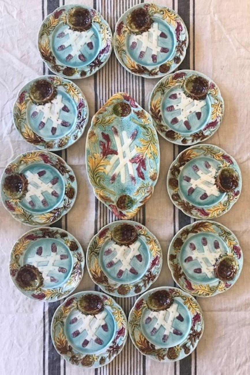 French Antique Majolica Asparagus & Artichoke Plate by Orchies
