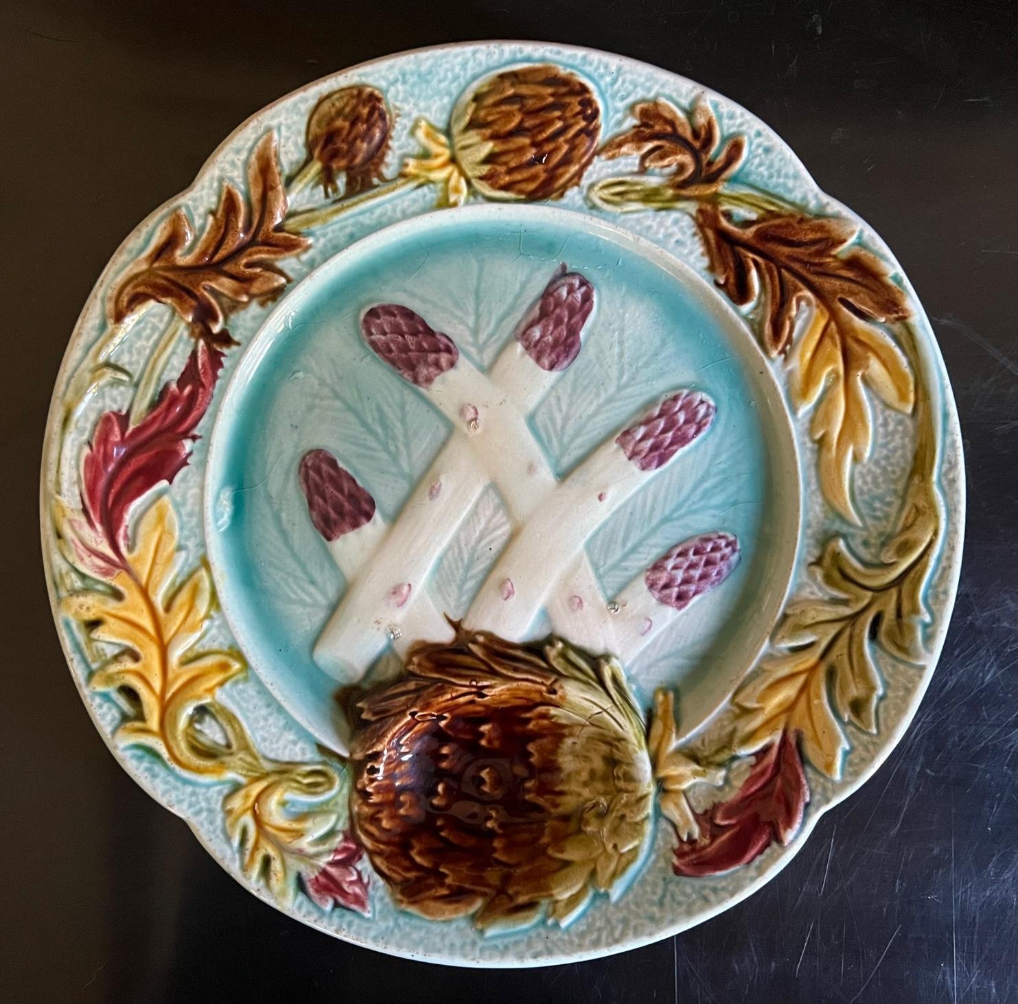 Hand-Painted Antique Majolica Asparagus & Artichoke Plate by Orchies For Sale