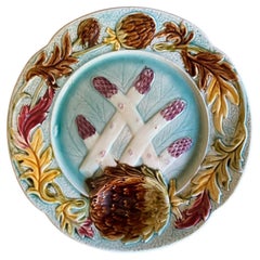 Antique Majolica Asparagus & Artichoke Plate by Orchies
