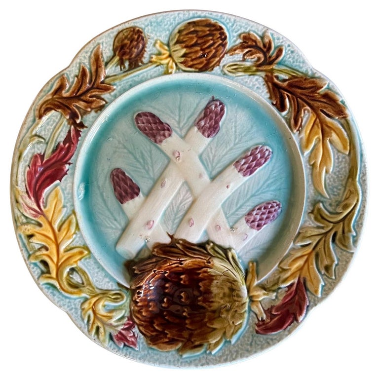 Antique Majolica Asparagus and Artichoke Plate by Orchies For Sale at