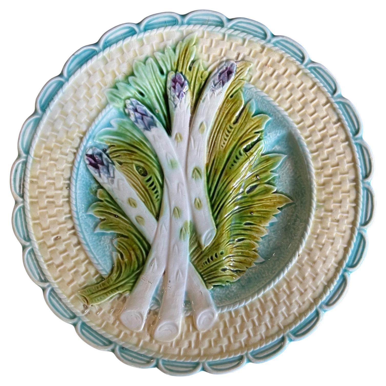 French Antique Majolica Asparagus Plate With Sauce Well by Salins For Sale