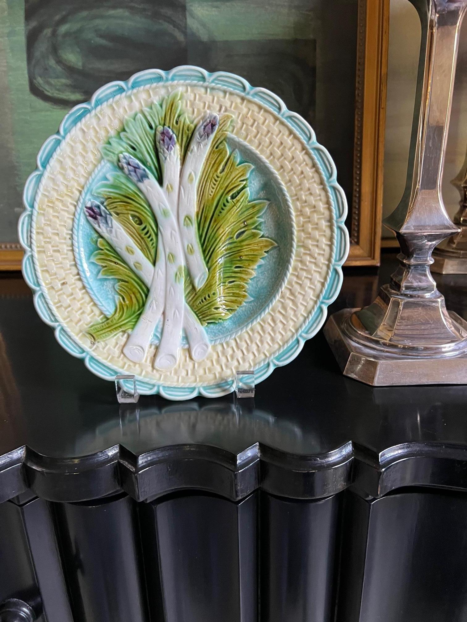 Hand-Painted Antique Majolica Asparagus Plate With Sauce Well by Salins For Sale
