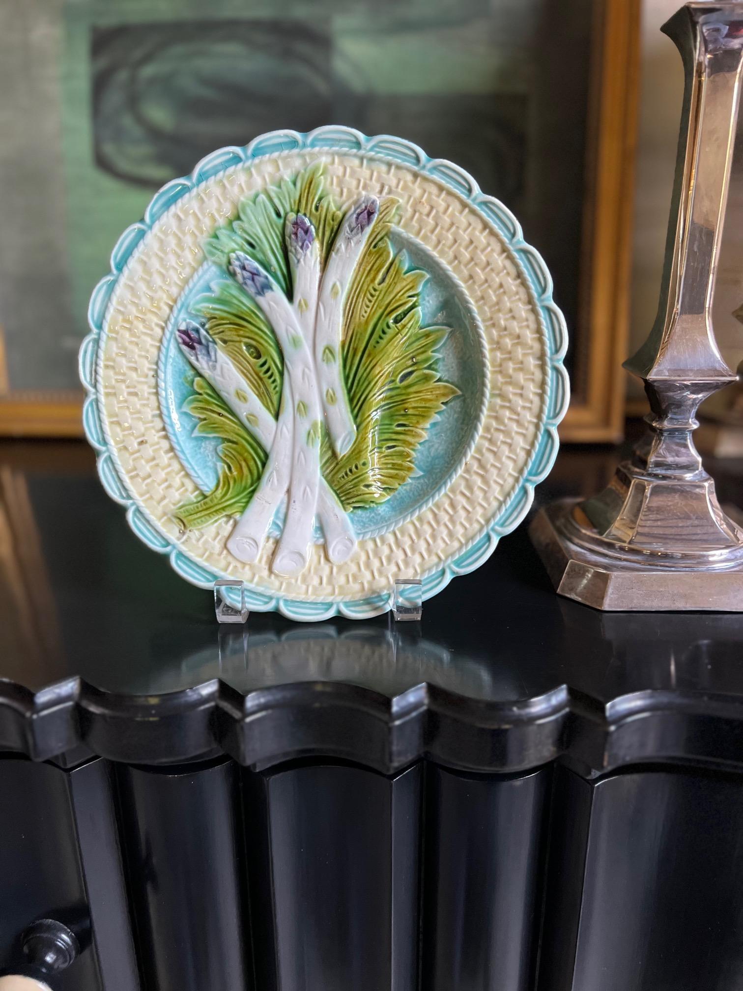19th Century Antique Majolica Asparagus Plate With Sauce Well by Salins For Sale