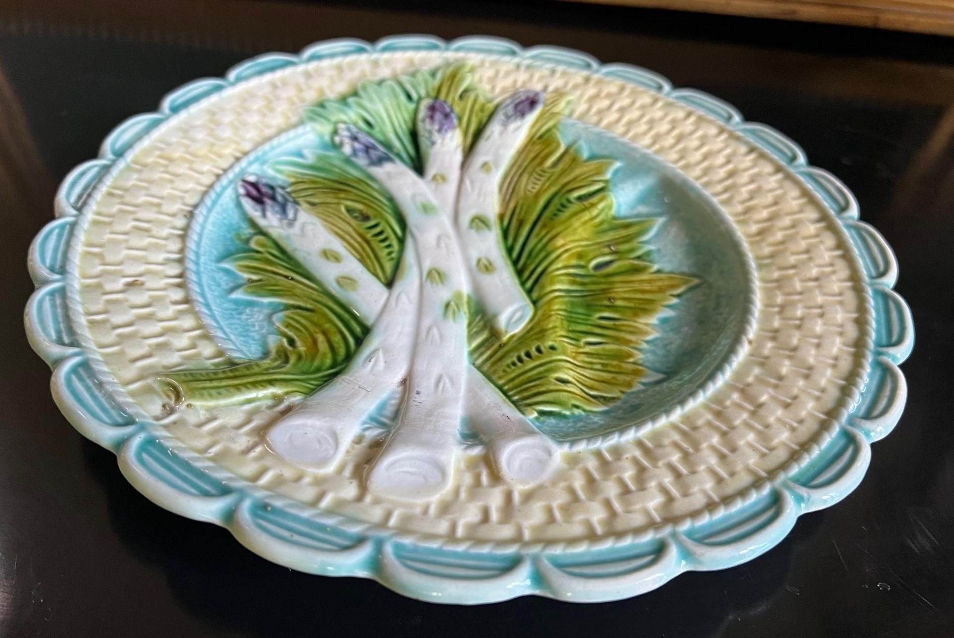 Ceramic Antique Majolica Asparagus Plate With Sauce Well by Salins For Sale