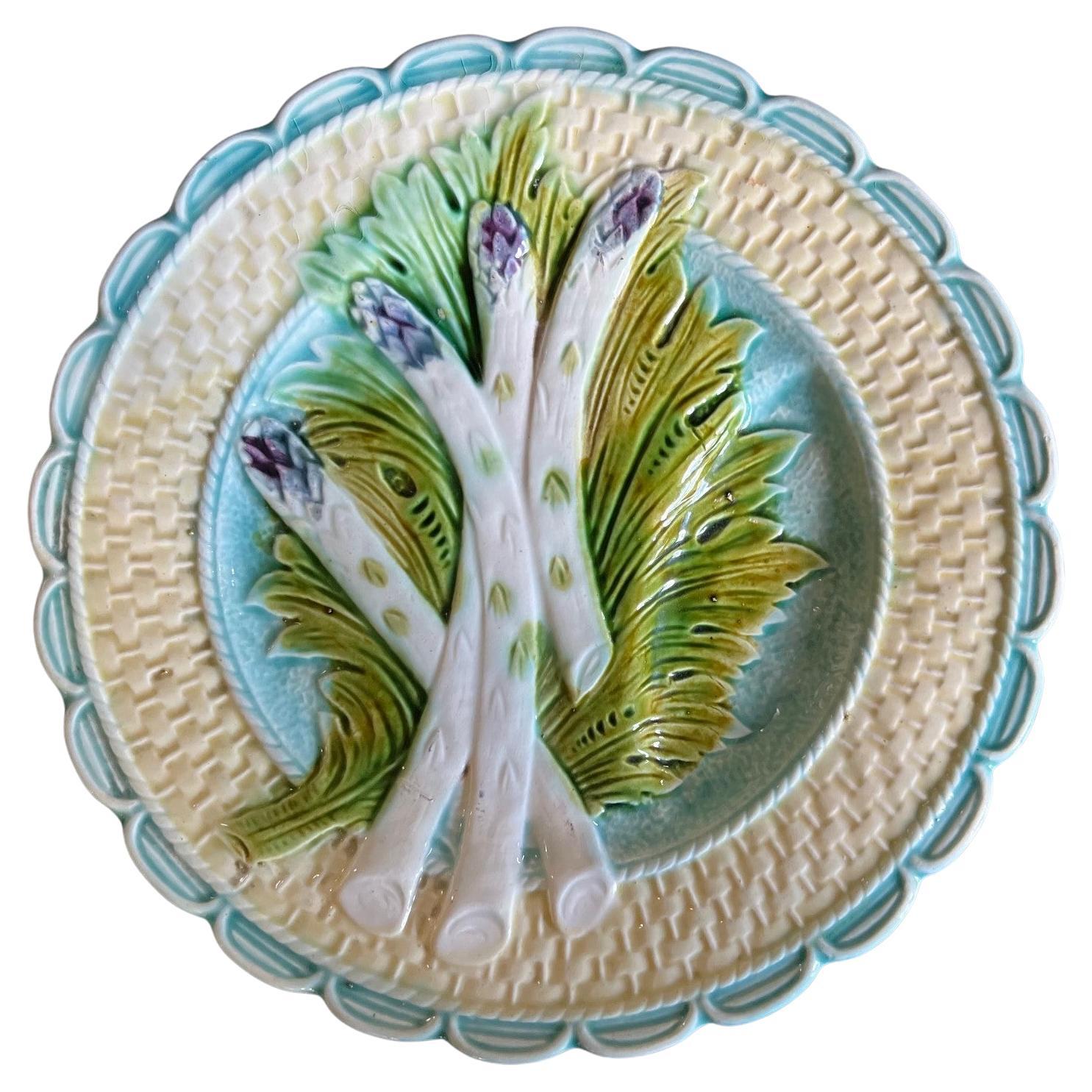 Antique Majolica Asparagus Plate With Sauce Well by Salins For Sale