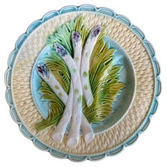 Antique Majolica Asparagus Plate With Sauce Well by Salins