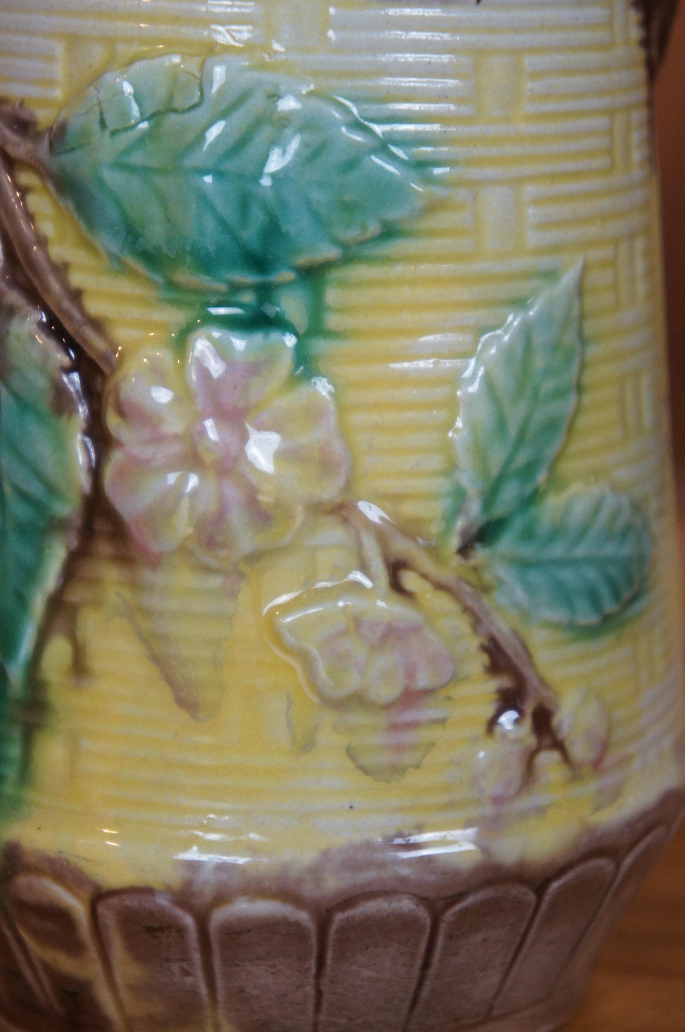Antique Majolica Basketweave Dogwood Flower Creamer Pitcher Jug 6