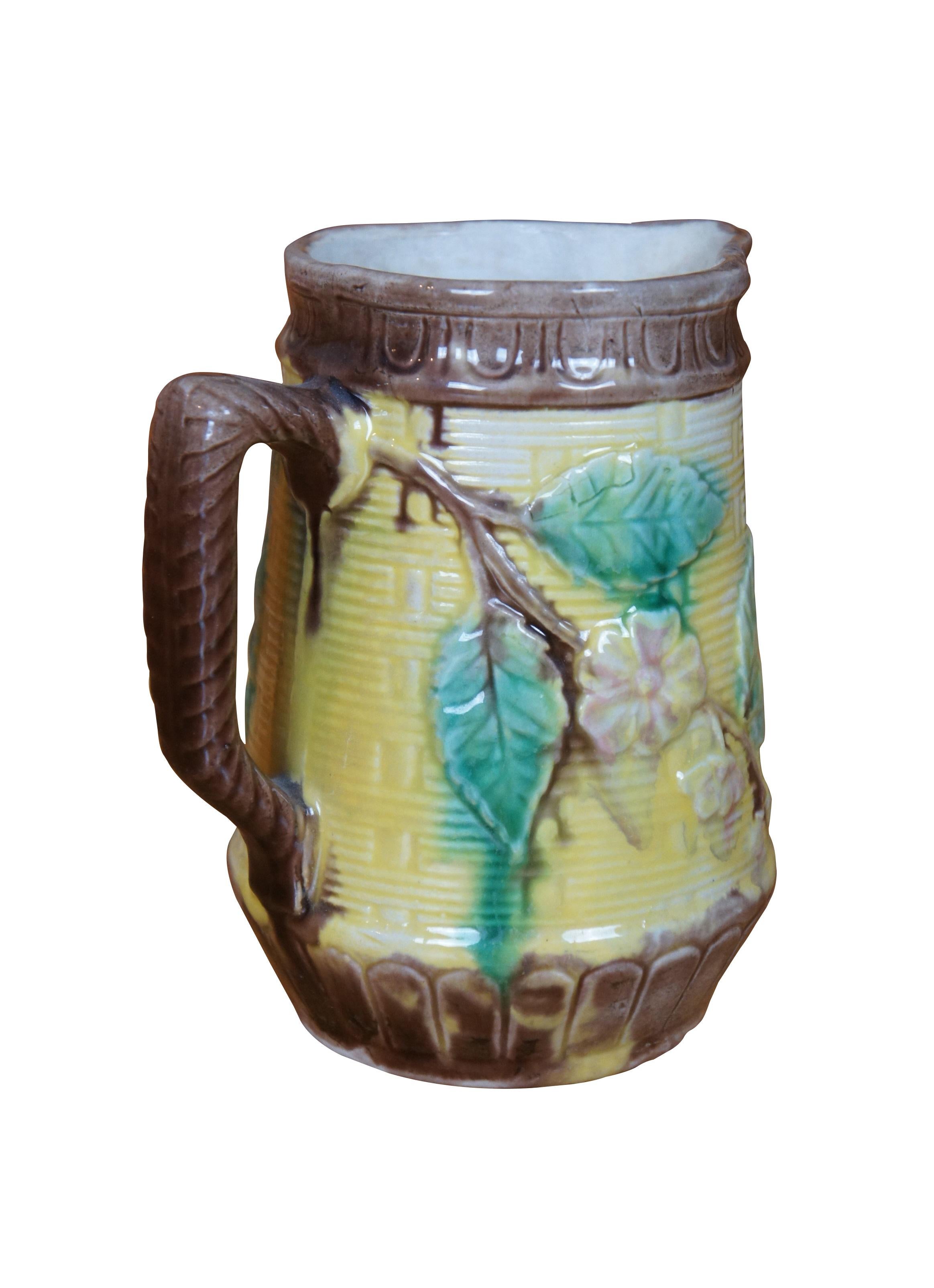 Victorian Antique Majolica Basketweave Dogwood Flower Creamer Pitcher Jug 6