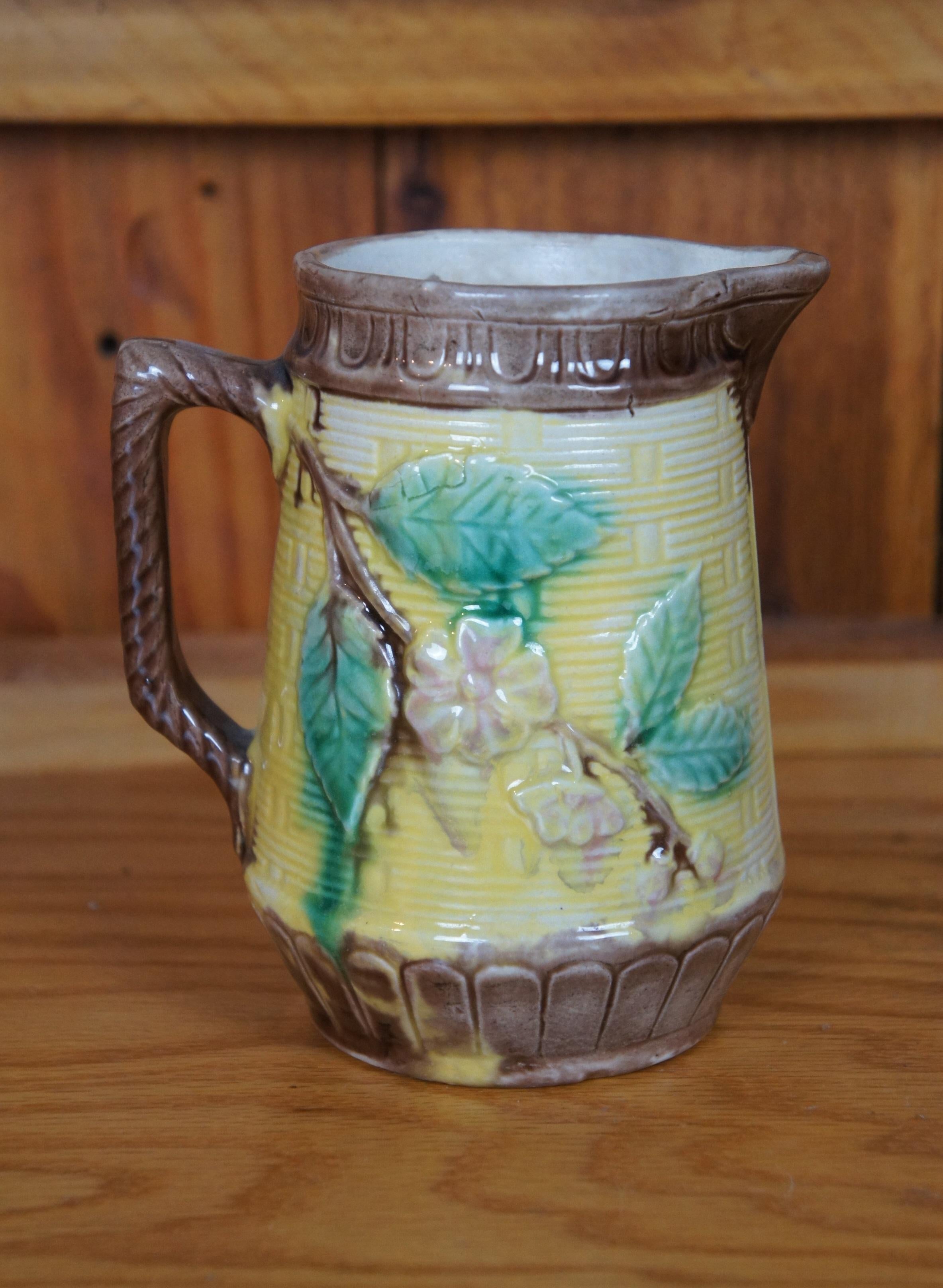 Antique Majolica Basketweave Dogwood Flower Creamer Pitcher Jug 6