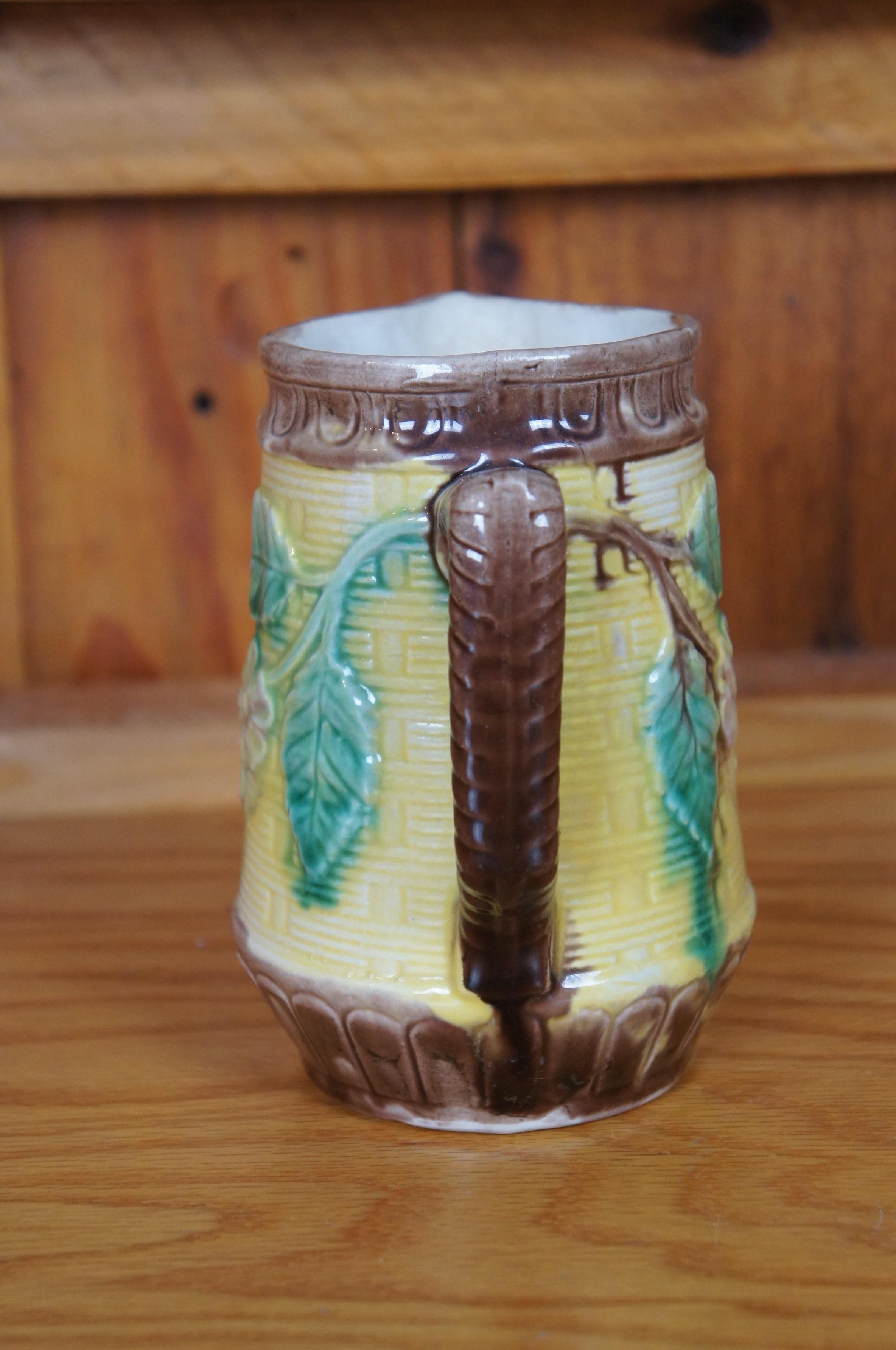 19th Century Antique Majolica Basketweave Dogwood Flower Creamer Pitcher Jug 6
