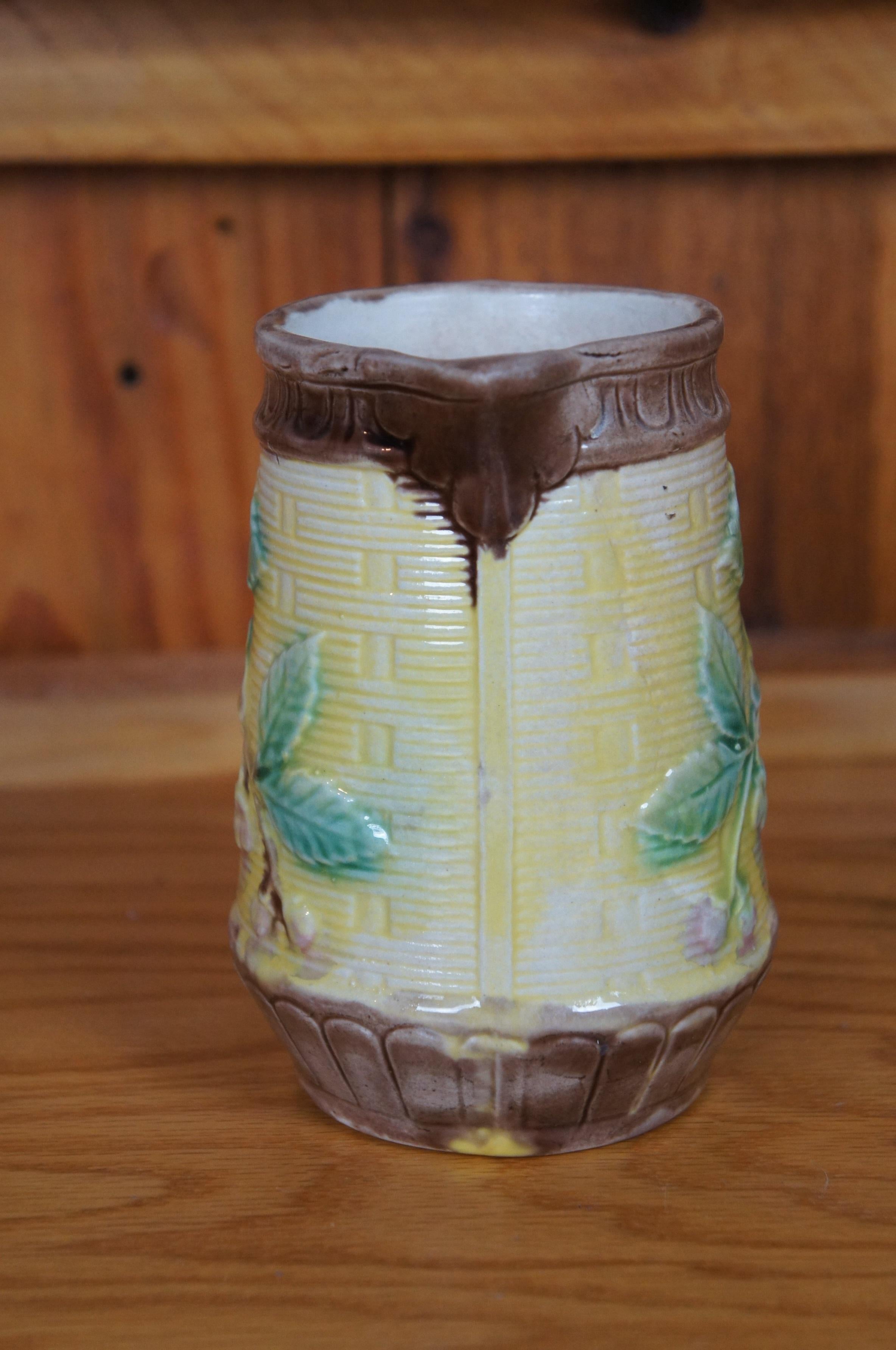 Antique Majolica Basketweave Dogwood Flower Creamer Pitcher Jug 6