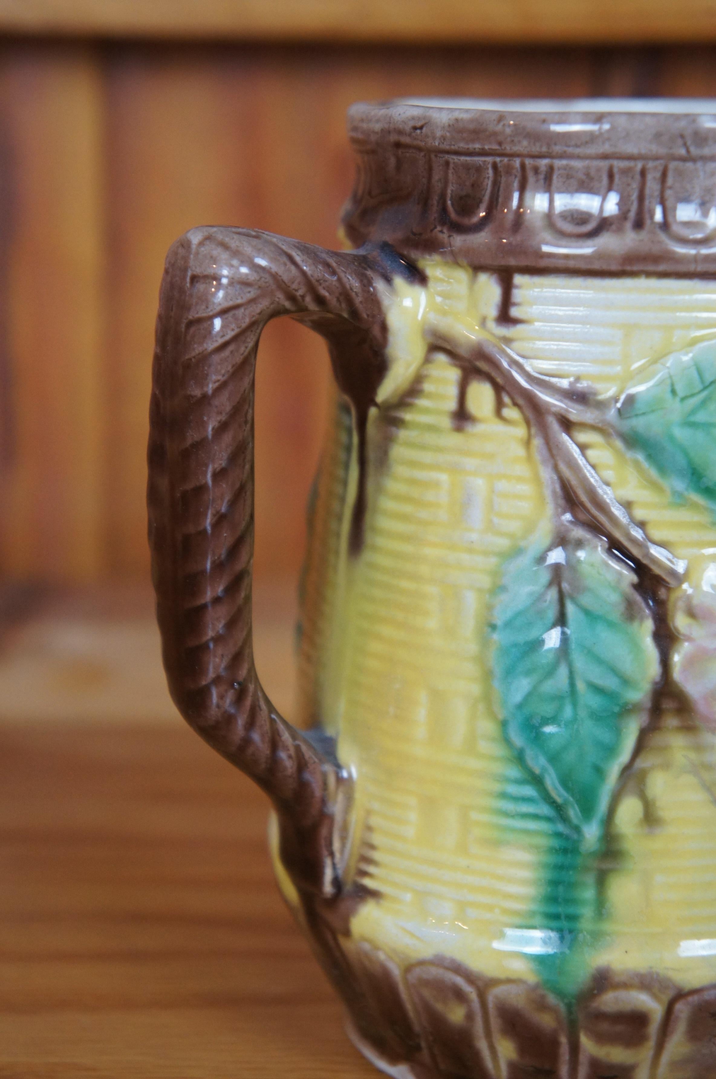Antique Majolica Basketweave Dogwood Flower Creamer Pitcher Jug 6