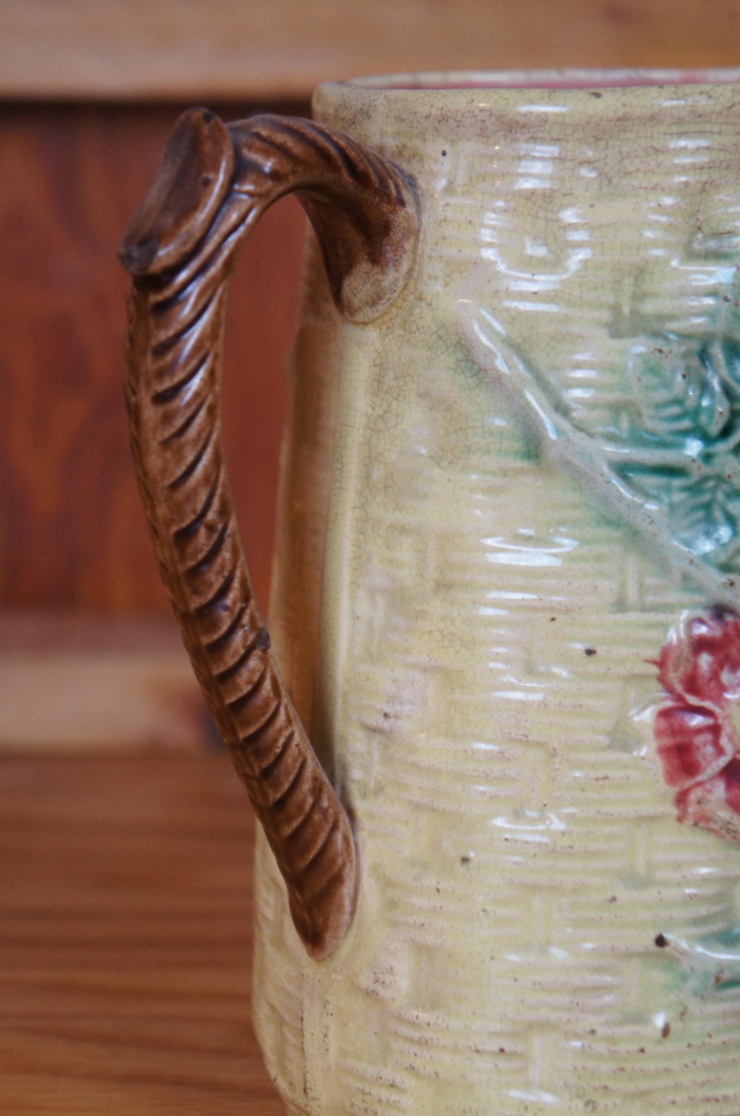 Antique Majolica Basketweave Dogwood Flower Creamer Pitcher Jug 7
