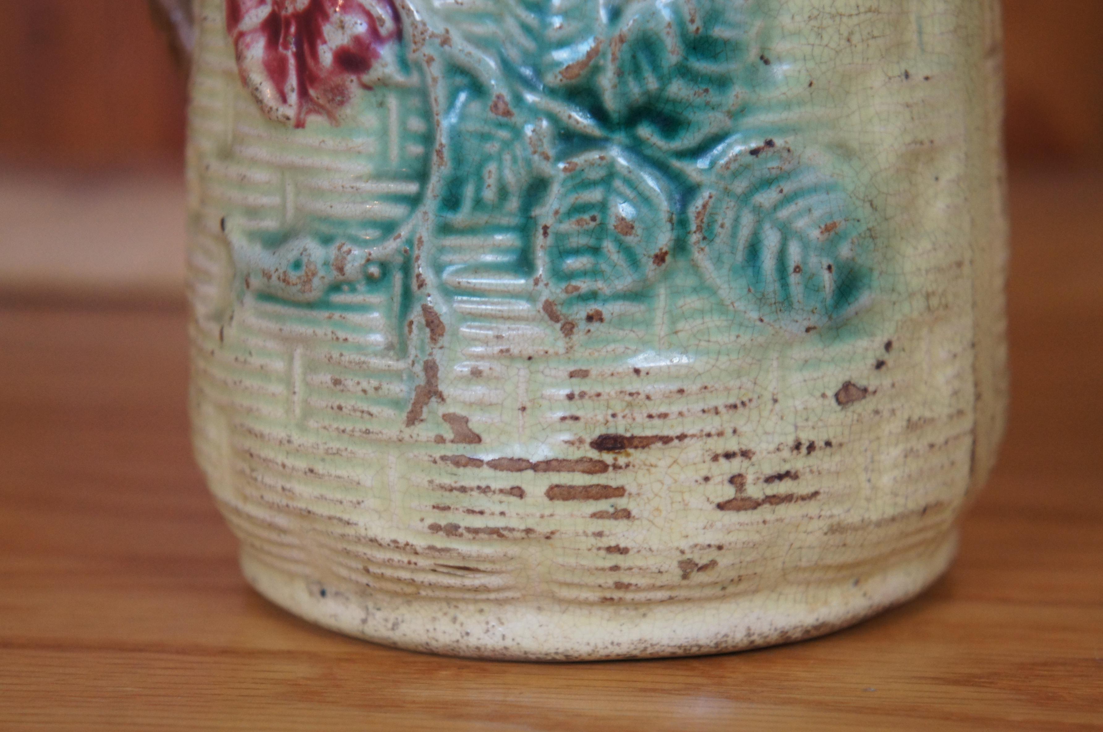Antique Majolica Basketweave Dogwood Flower Creamer Pitcher Jug 7