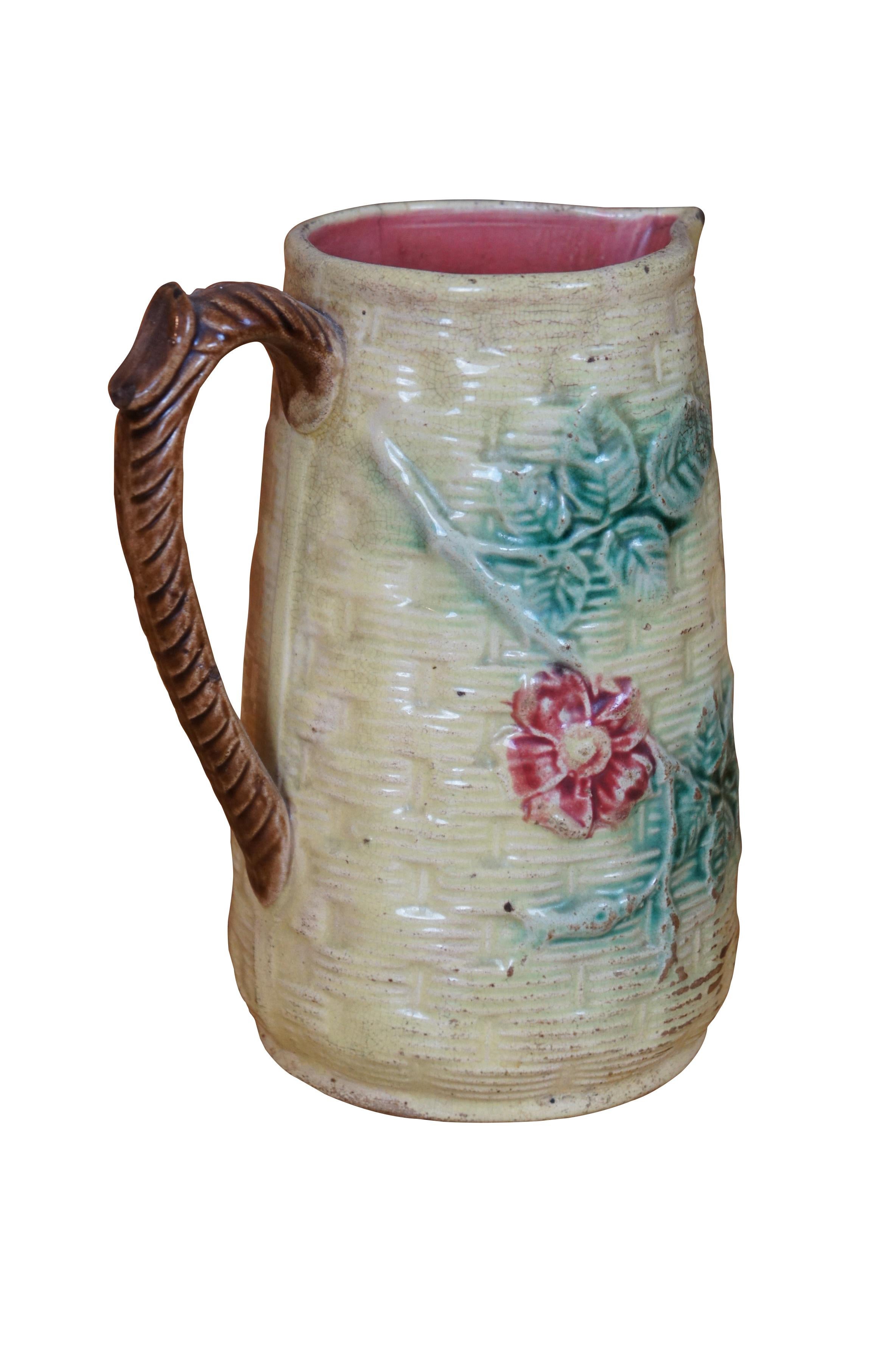 Victorian Antique Majolica Basketweave Dogwood Flower Creamer Pitcher Jug 7