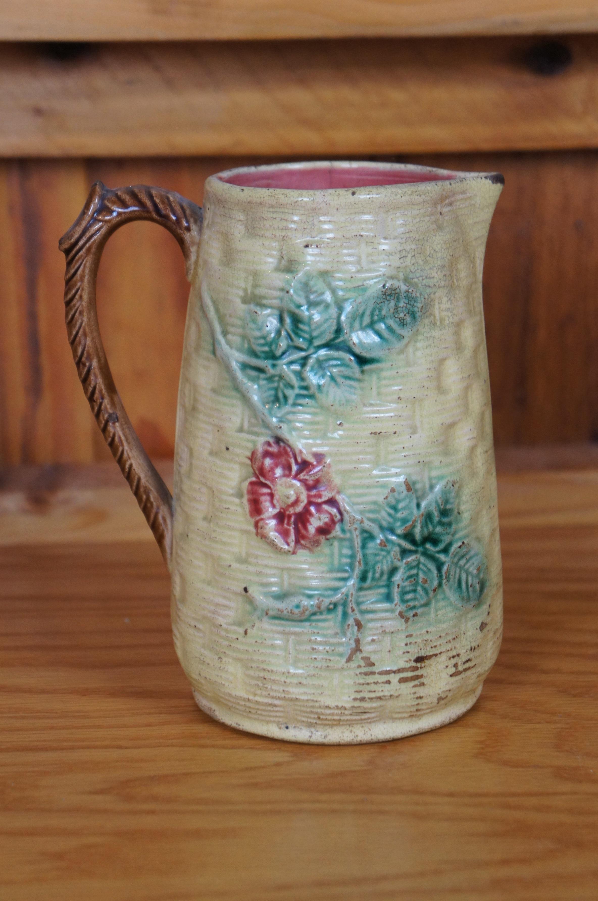 Antique Majolica Basketweave Dogwood Flower Creamer Pitcher Jug 7