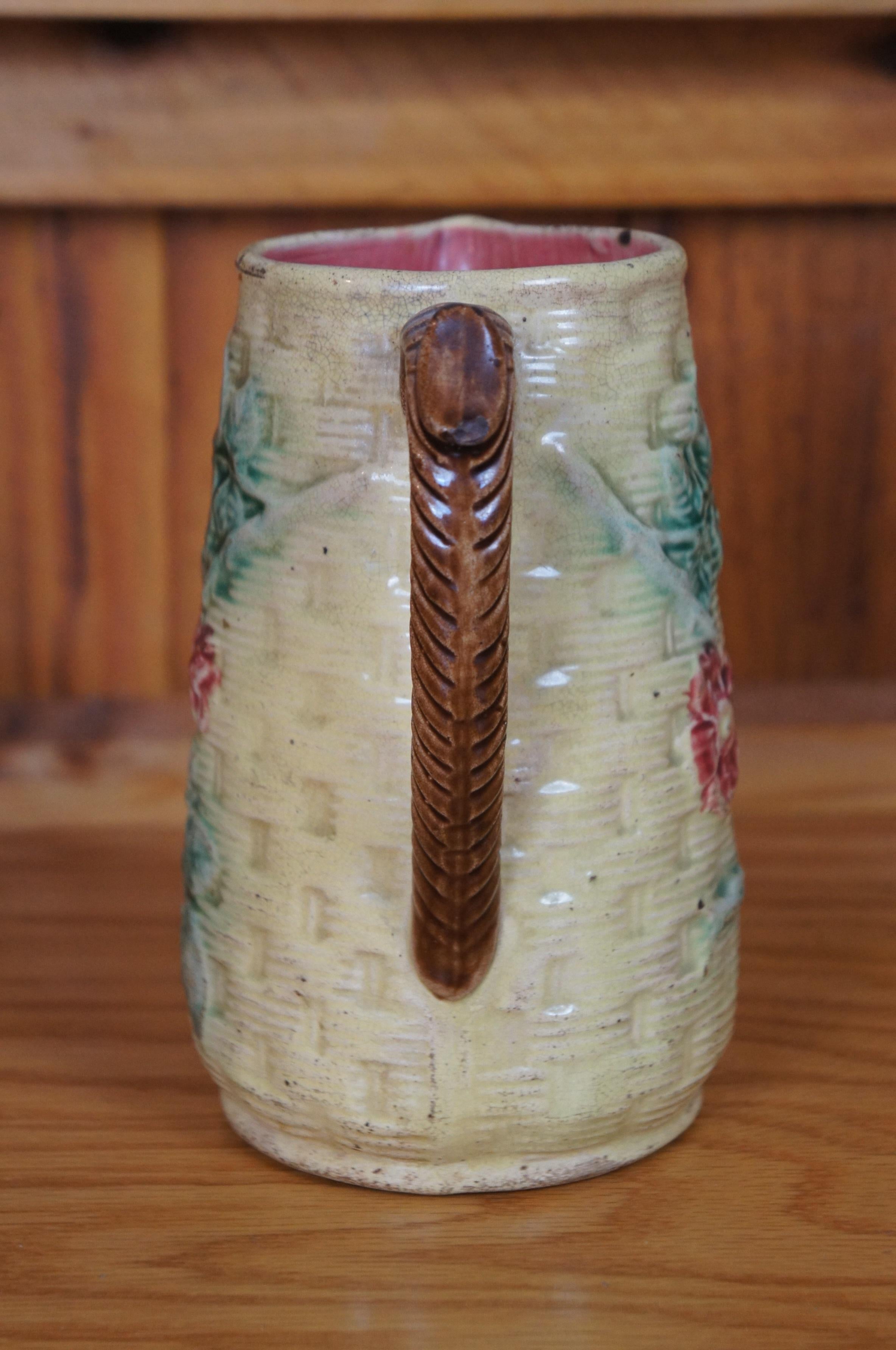 19th Century Antique Majolica Basketweave Dogwood Flower Creamer Pitcher Jug 7