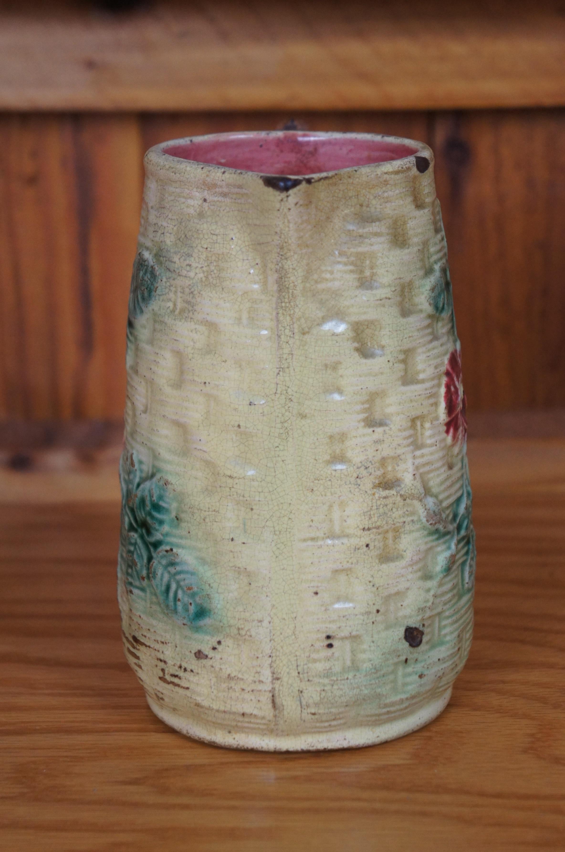 Antique Majolica Basketweave Dogwood Flower Creamer Pitcher Jug 7