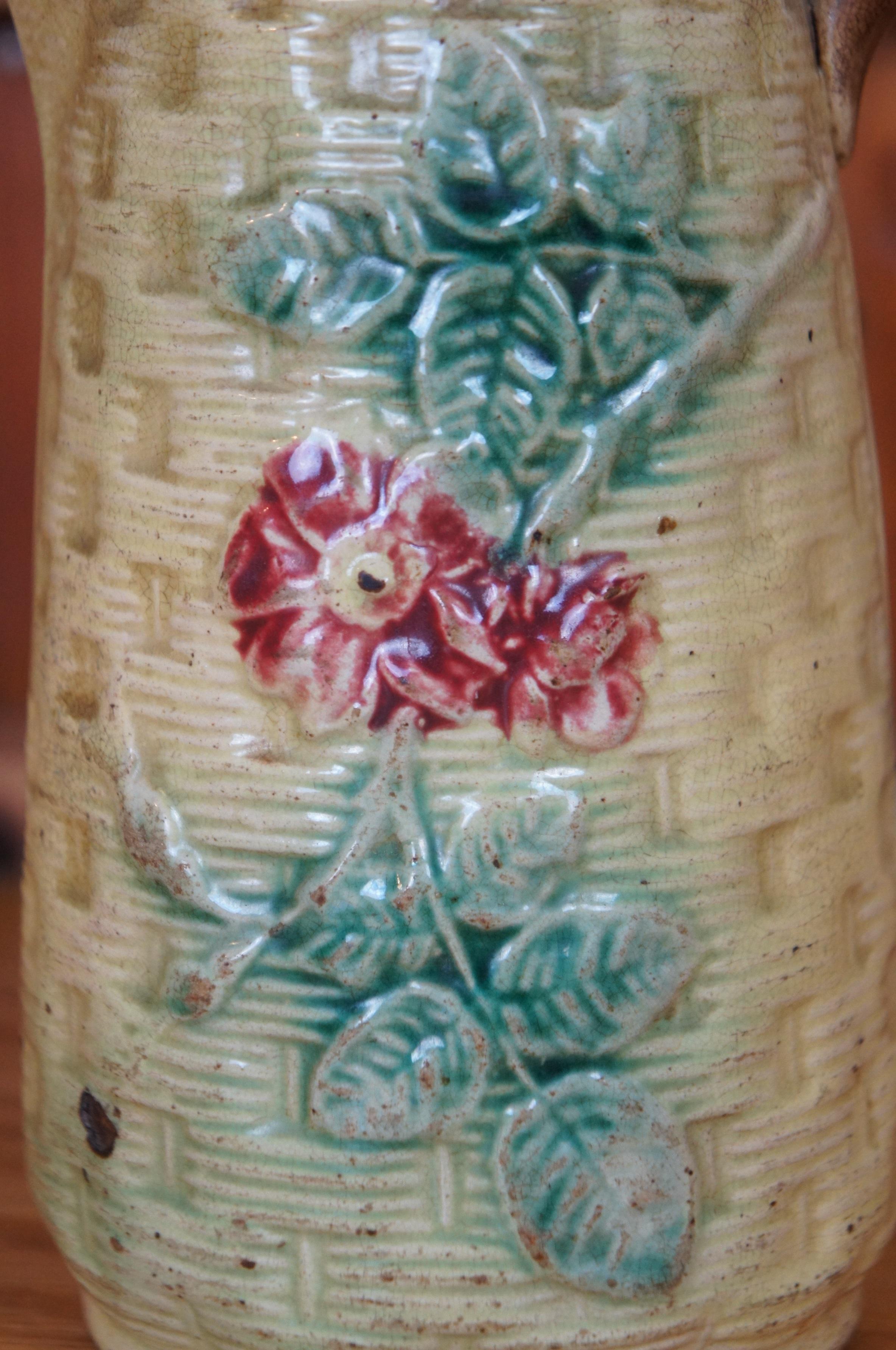 Antique Majolica Basketweave Dogwood Flower Creamer Pitcher Jug 7