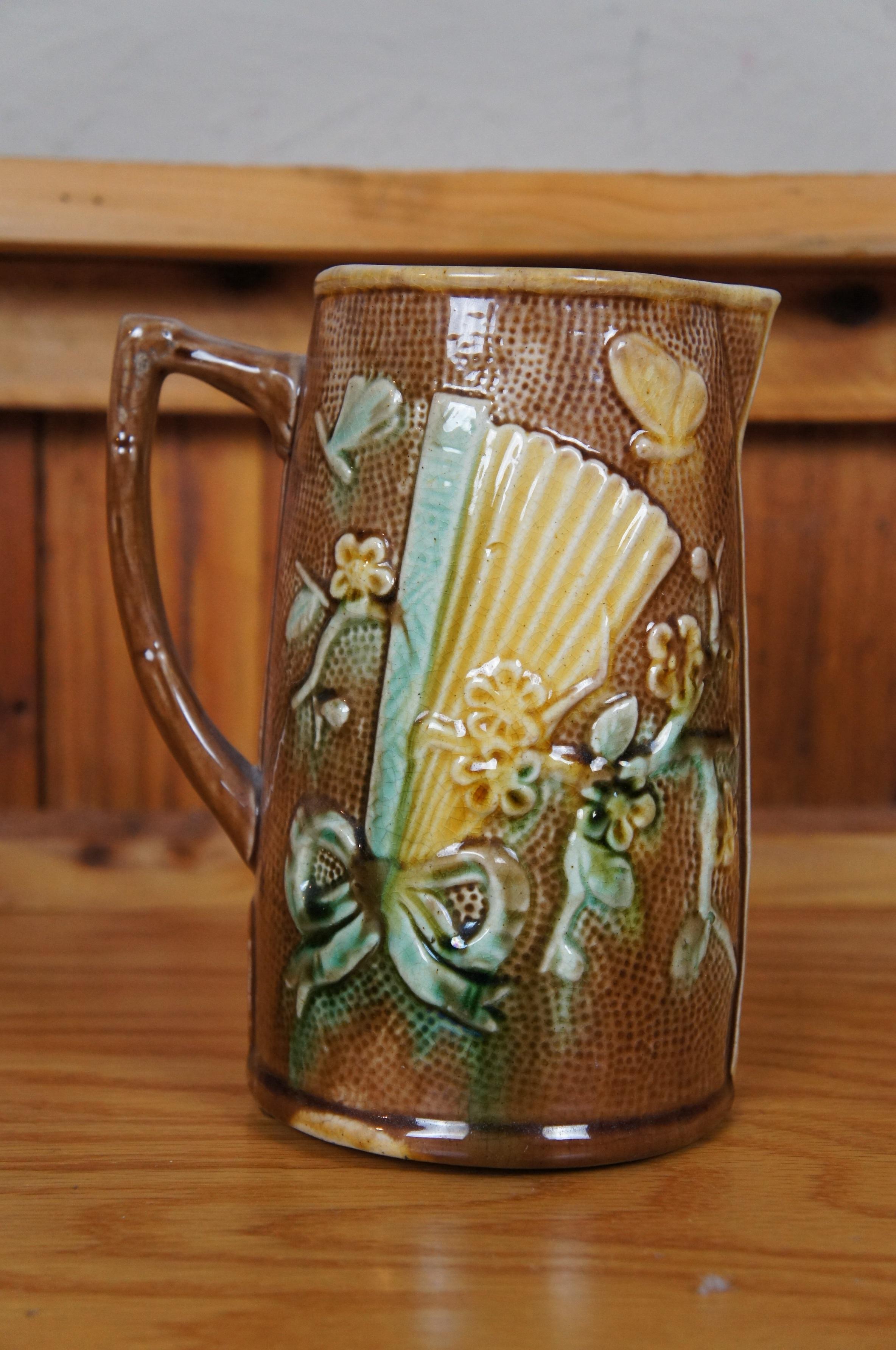 Antigua Majolica China Abanico Flor Mariposa Jarra Cremera Jarra 7