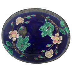 Antique Majolica Cobalt Wild Rose Bread Tray, English, circa 1880