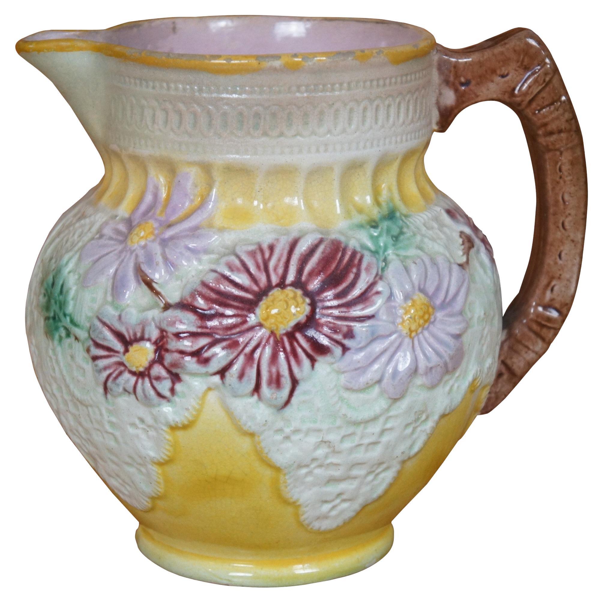 Antigua Majolica Flor de Margarita y Encaje Jarra de Agua Jarra 7"