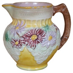 Antique Majolica Daisy Flowers & Lace Water Pitcher Jug Carafe 7"