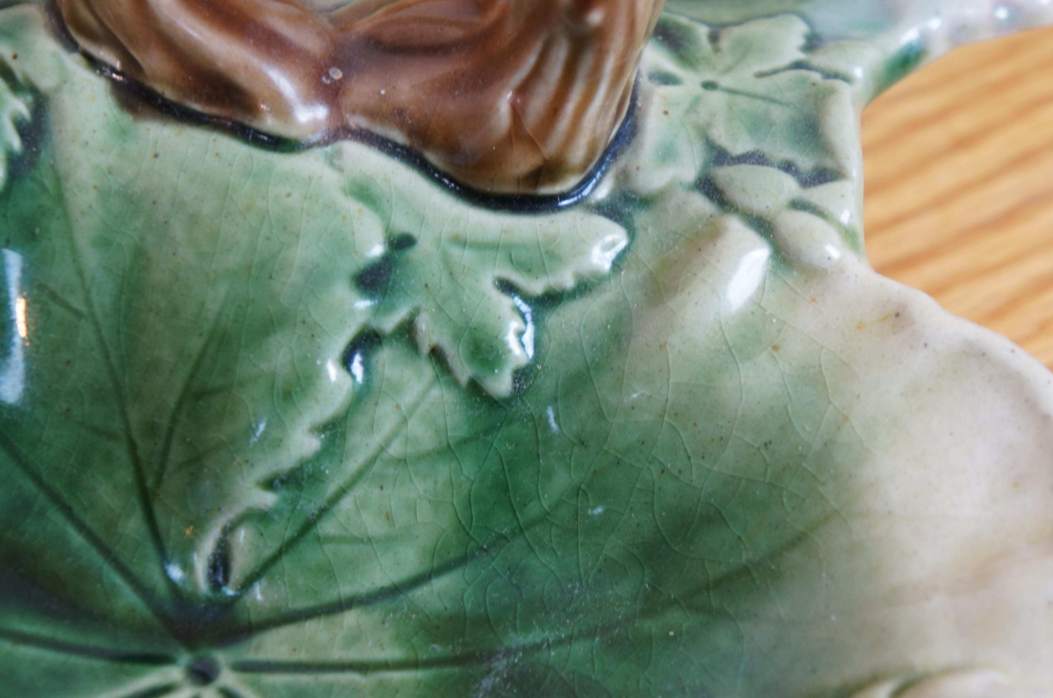 Antigua Majolica Doble Hoja Plato para Servir Dulces Nueces Cesto para Compota 17 6
