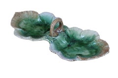 Antique Majolica Double Leaf Candy Nut Serving Dish Compote Basket 17"