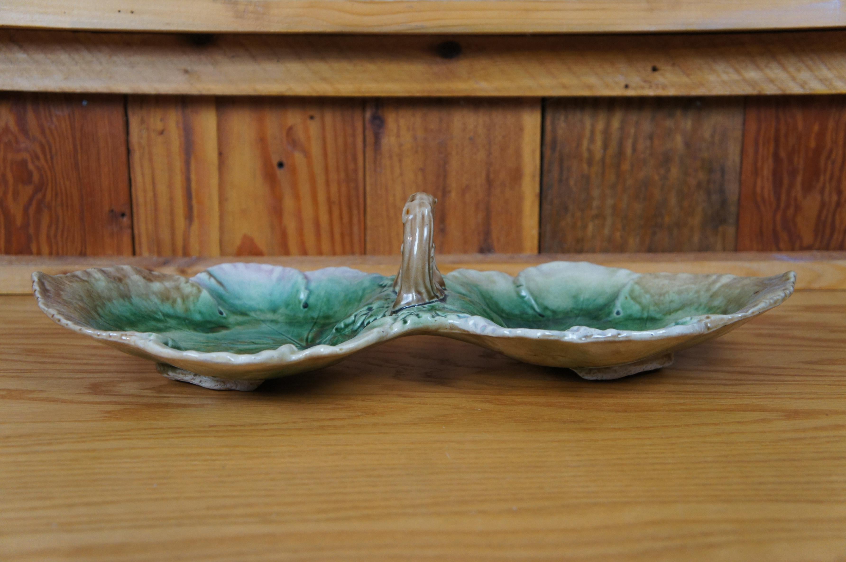Antigua Majolica Doble Hoja Plato para Servir Dulces Nueces Cesto para Compota 17 siglo XIX