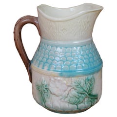 Antique Majolica Farmhouse Wild Rose Flower Wood Grain Creamer Pitcher 7"