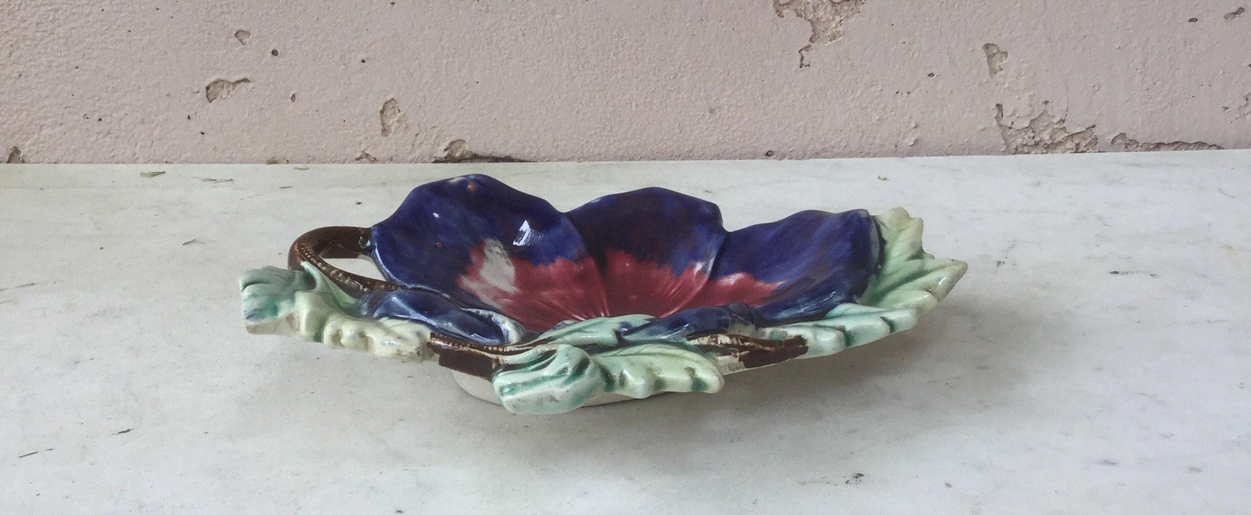 Antique small Majolica pansy platter signed Fives Lille, circa 1890.