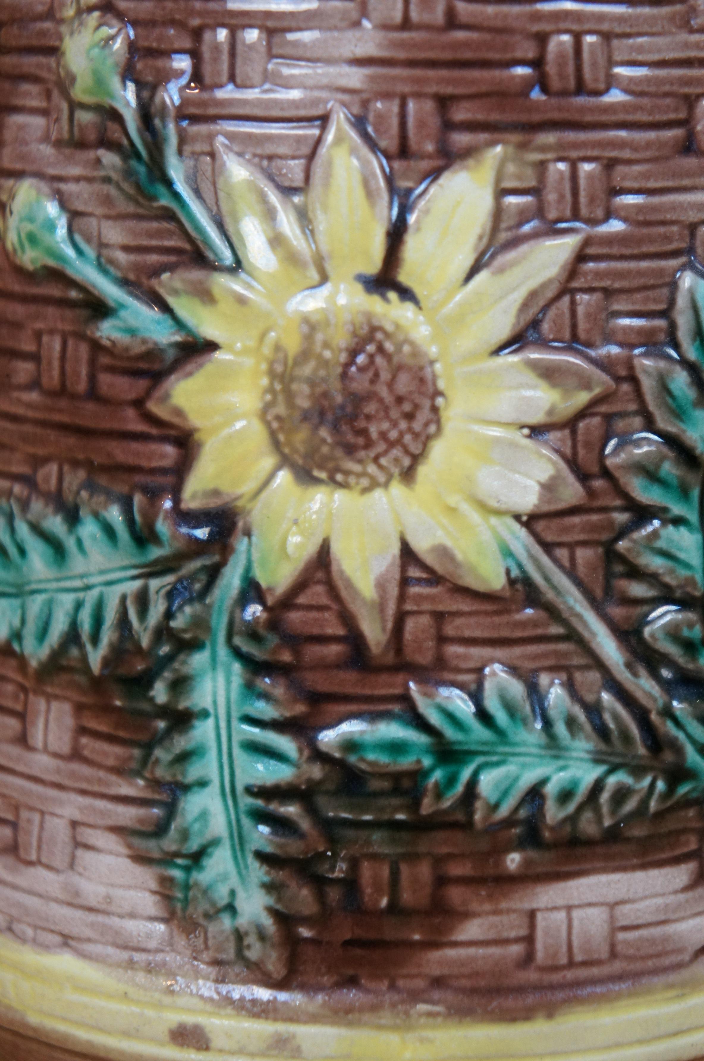 Antique Majolica Floral Sunflower Dogwood Basketweave Creamer Pitcher Jug 7
