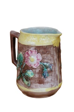 Antique Majolica Floral Sunflower Dogwood Basketweave Creamer Pitcher Jug 7"
