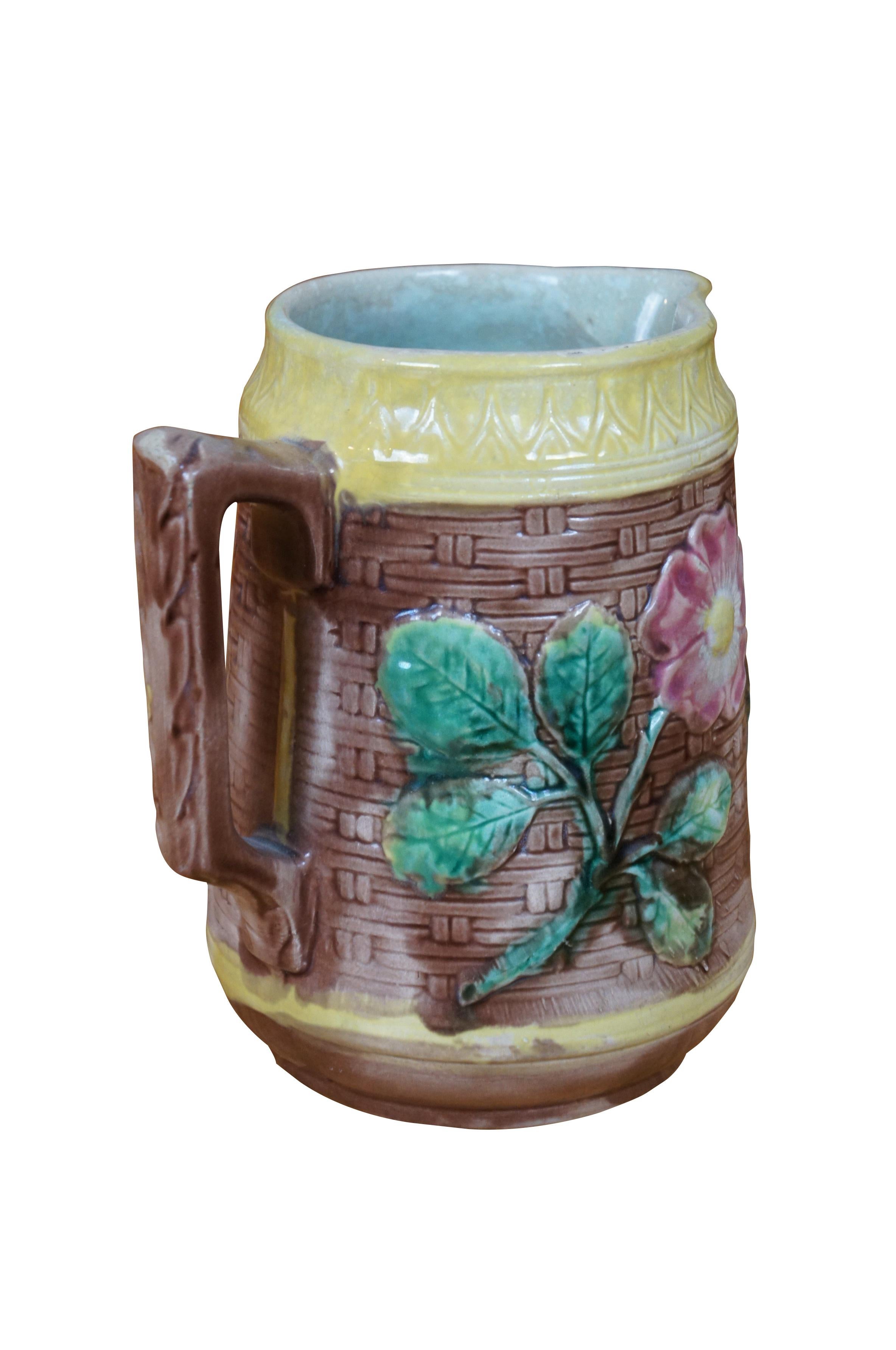 Antique Majolica Floral Sunflower Dogwood Basketweave Creamer Pitcher Jug 7