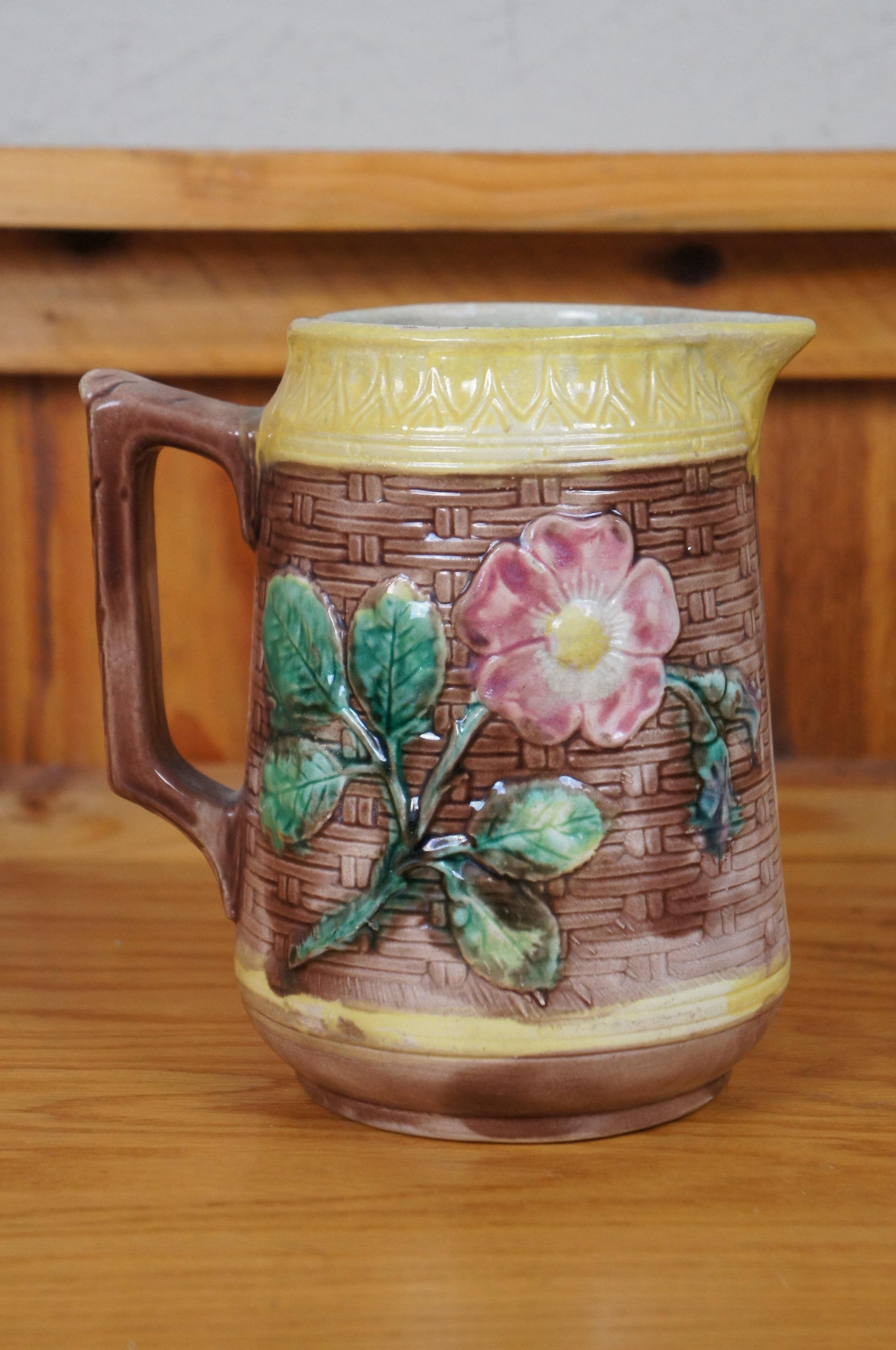 20th Century Antique Majolica Floral Sunflower Dogwood Basketweave Creamer Pitcher Jug 7