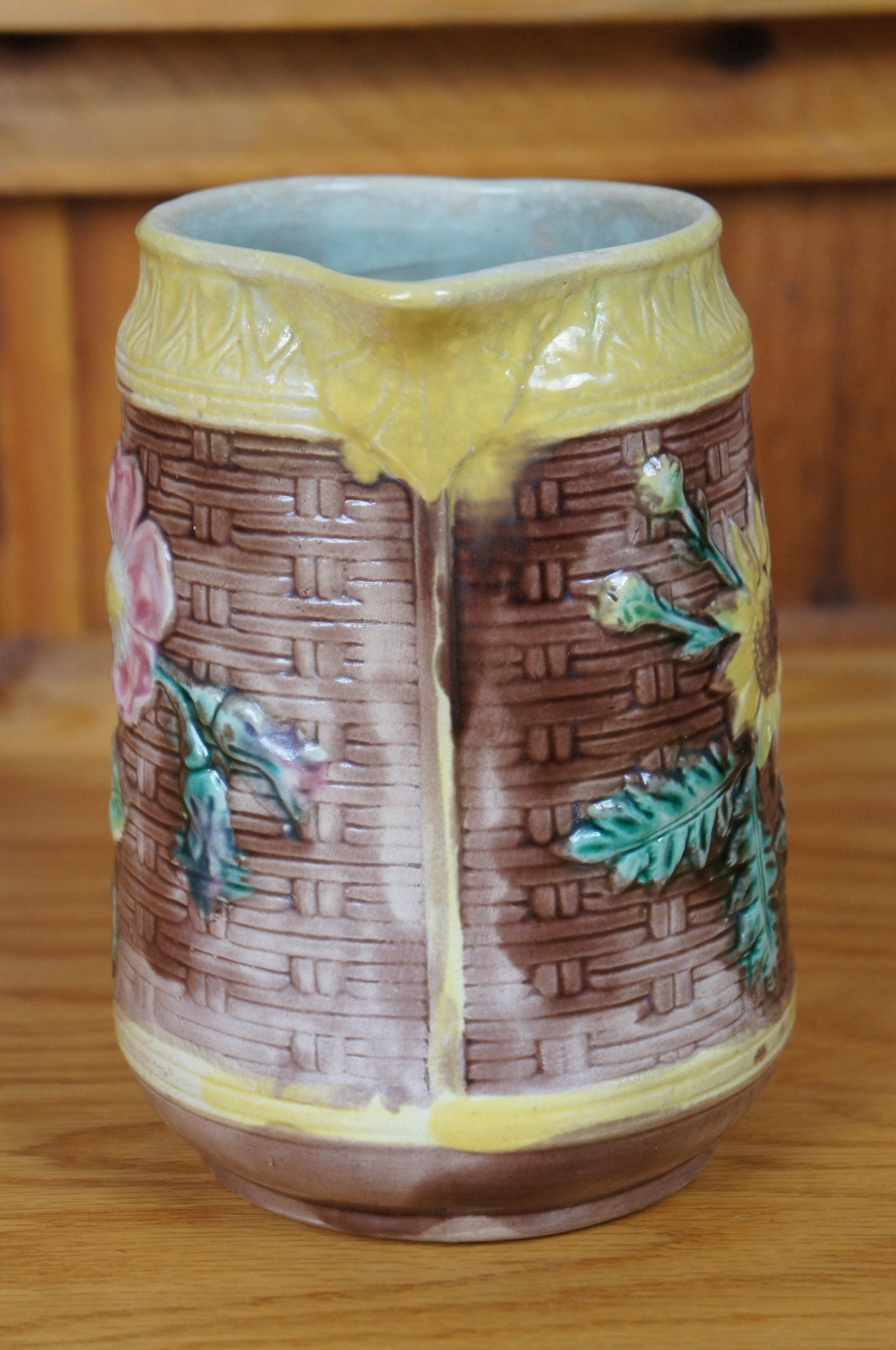 Antique Majolica Floral Sunflower Dogwood Basketweave Creamer Pitcher Jug 7