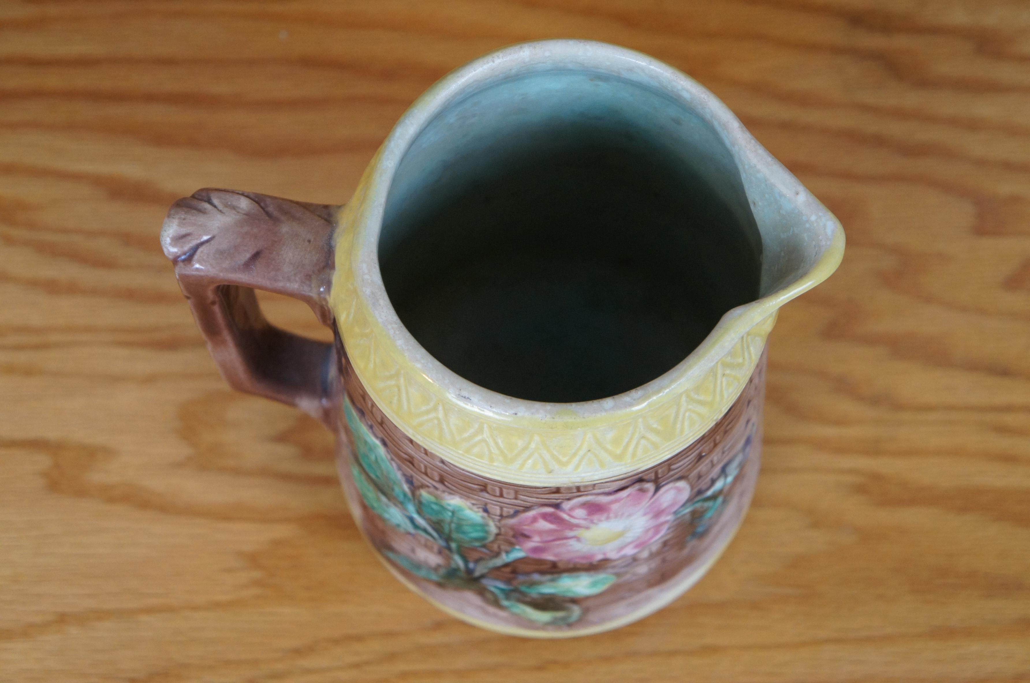 Antique Majolica Floral Sunflower Dogwood Basketweave Creamer Pitcher Jug 7