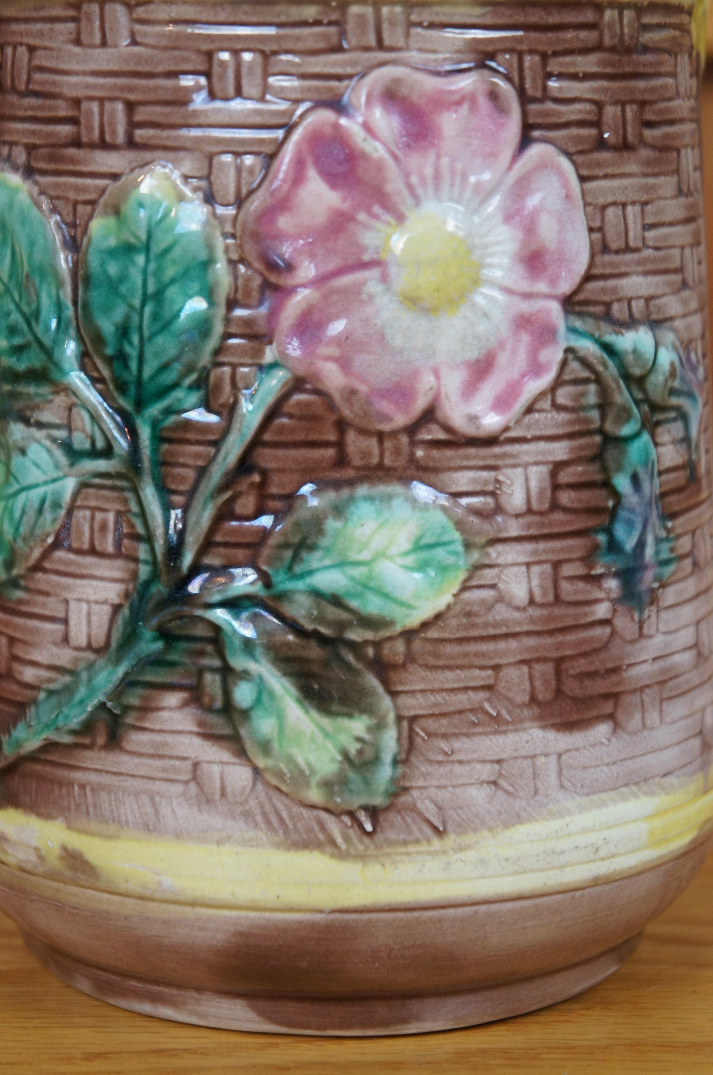 Antique Majolica Floral Sunflower Dogwood Basketweave Creamer Pitcher Jug 7