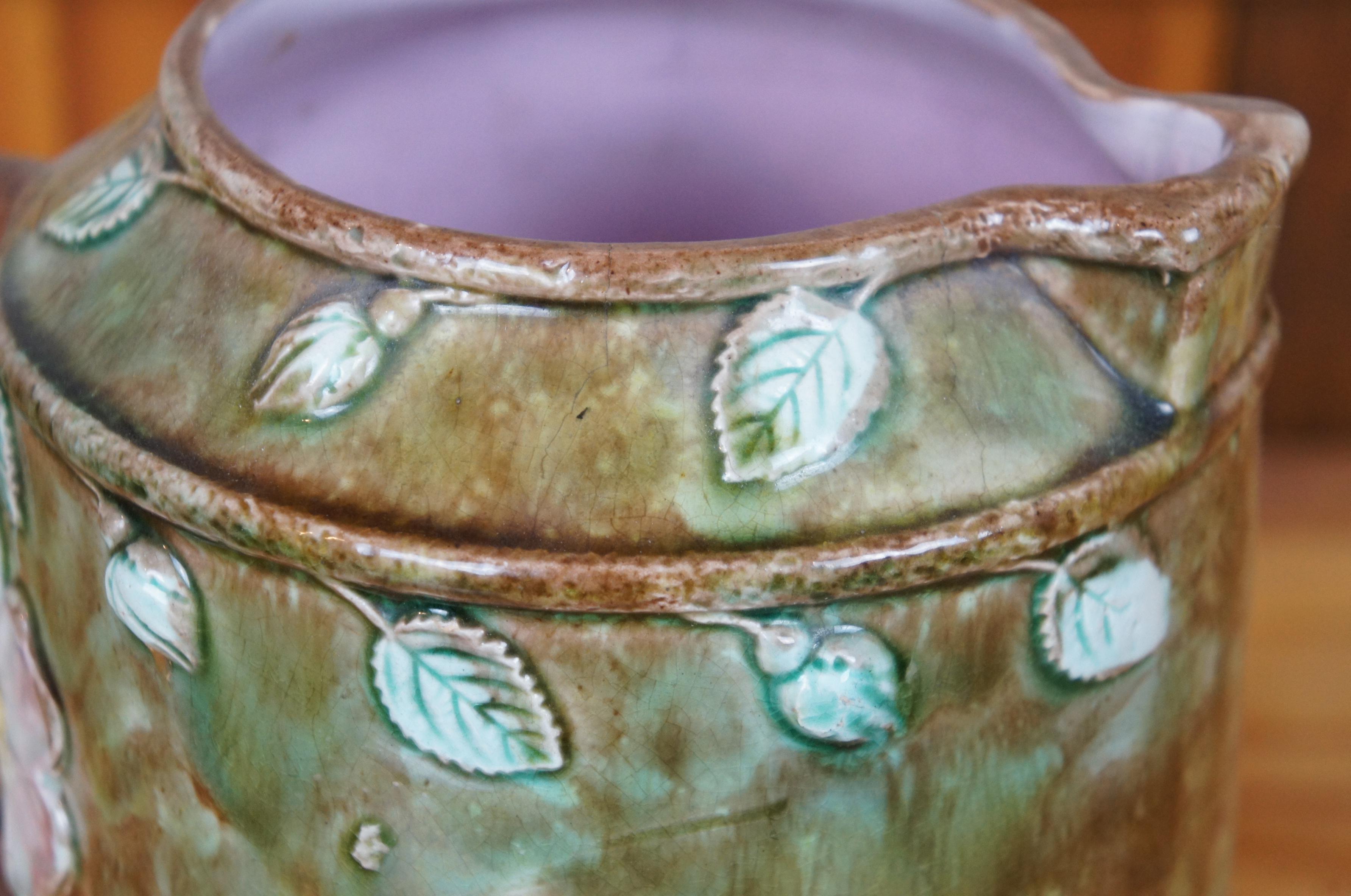 Antique Majolica French Barbotine Dog Rose Flower Blossom Water Pitcher Jug 10
