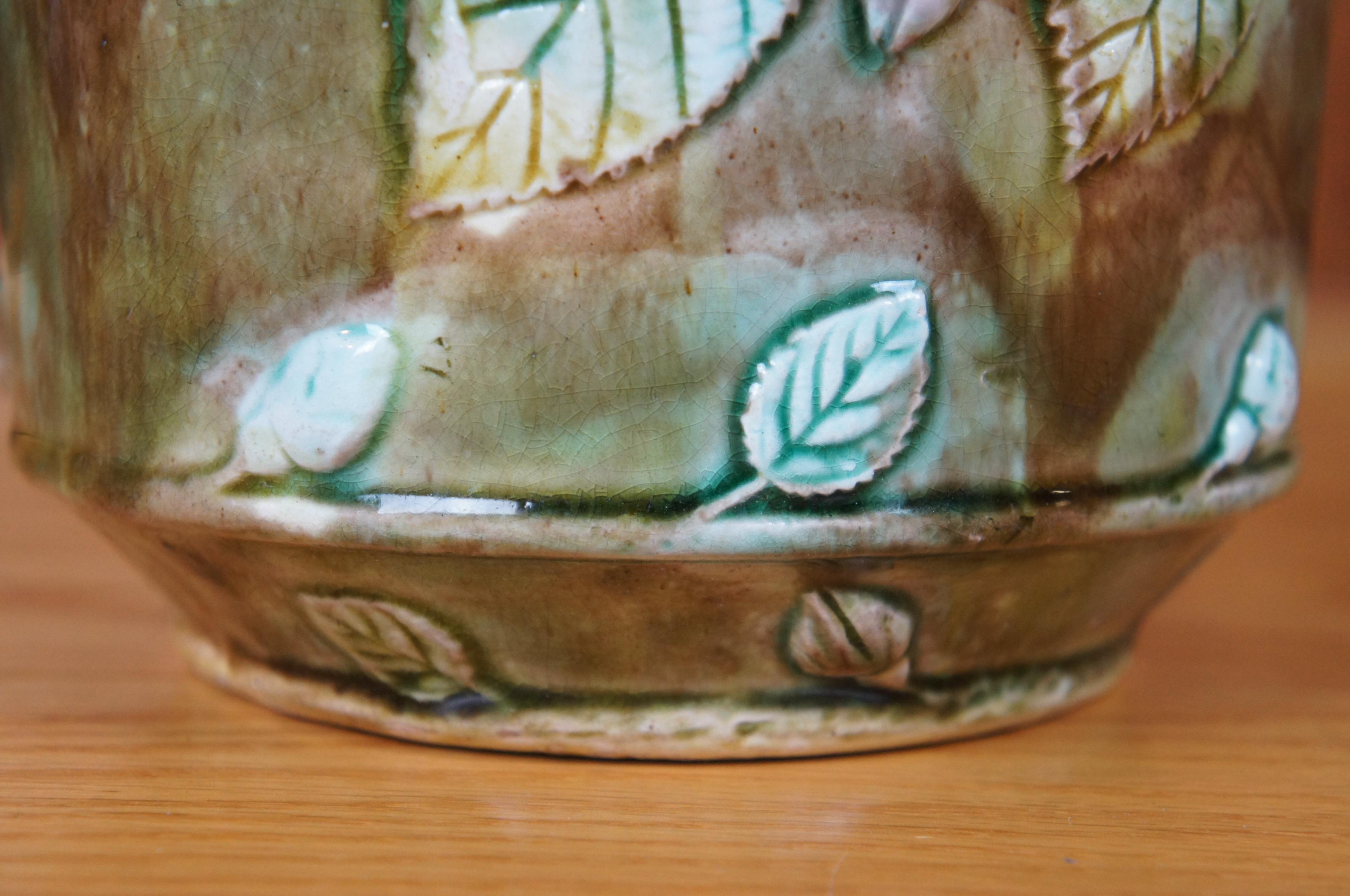 Antique Majolica French Barbotine Dog Rose Flower Blossom Water Pitcher Jug 10