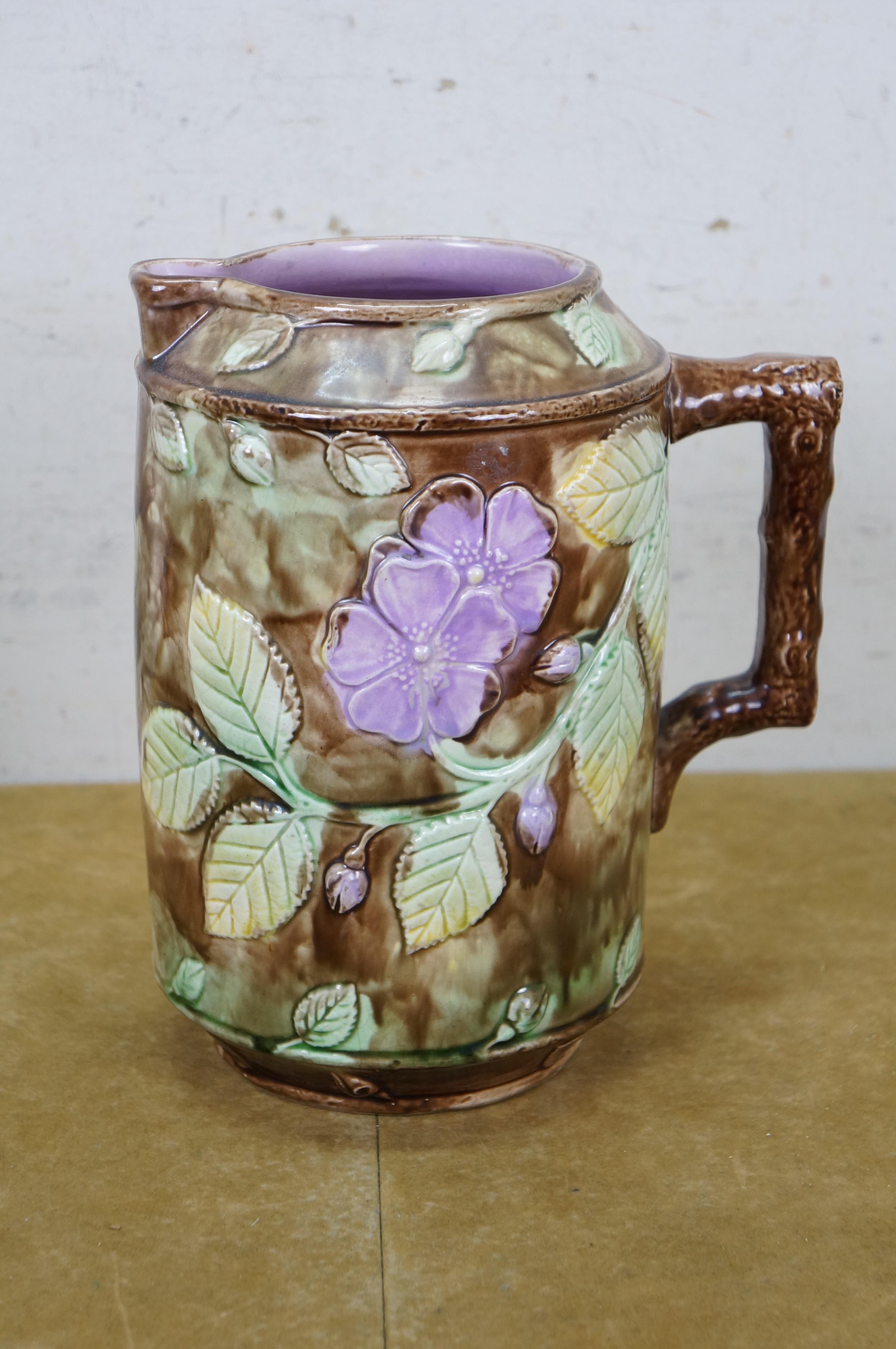 Antike Majolika Französisch Barbotine Hund Rose Blume Blüte Wasserkrug Krug 10