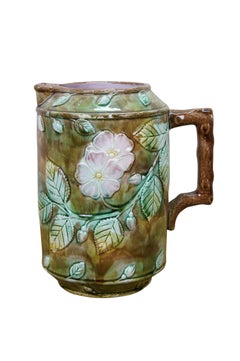 Antique Majolica French Barbotine Dog Rose Flower Blossom Water Pitcher Jug 10"