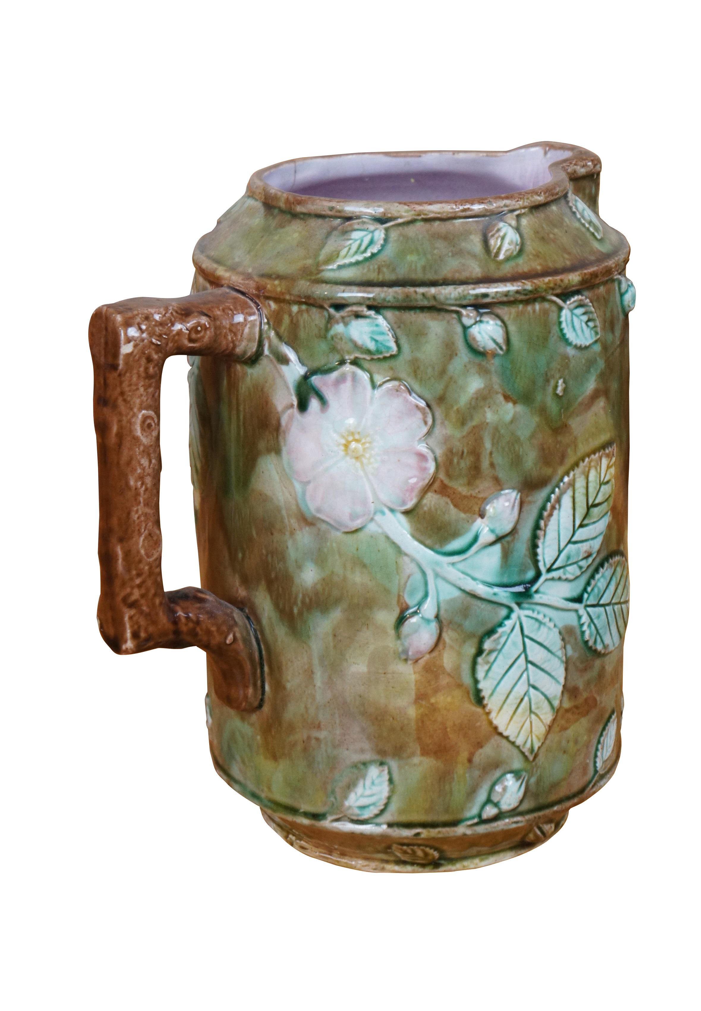 Victorian Antique Majolica French Barbotine Dog Rose Flower Blossom Water Pitcher Jug 10