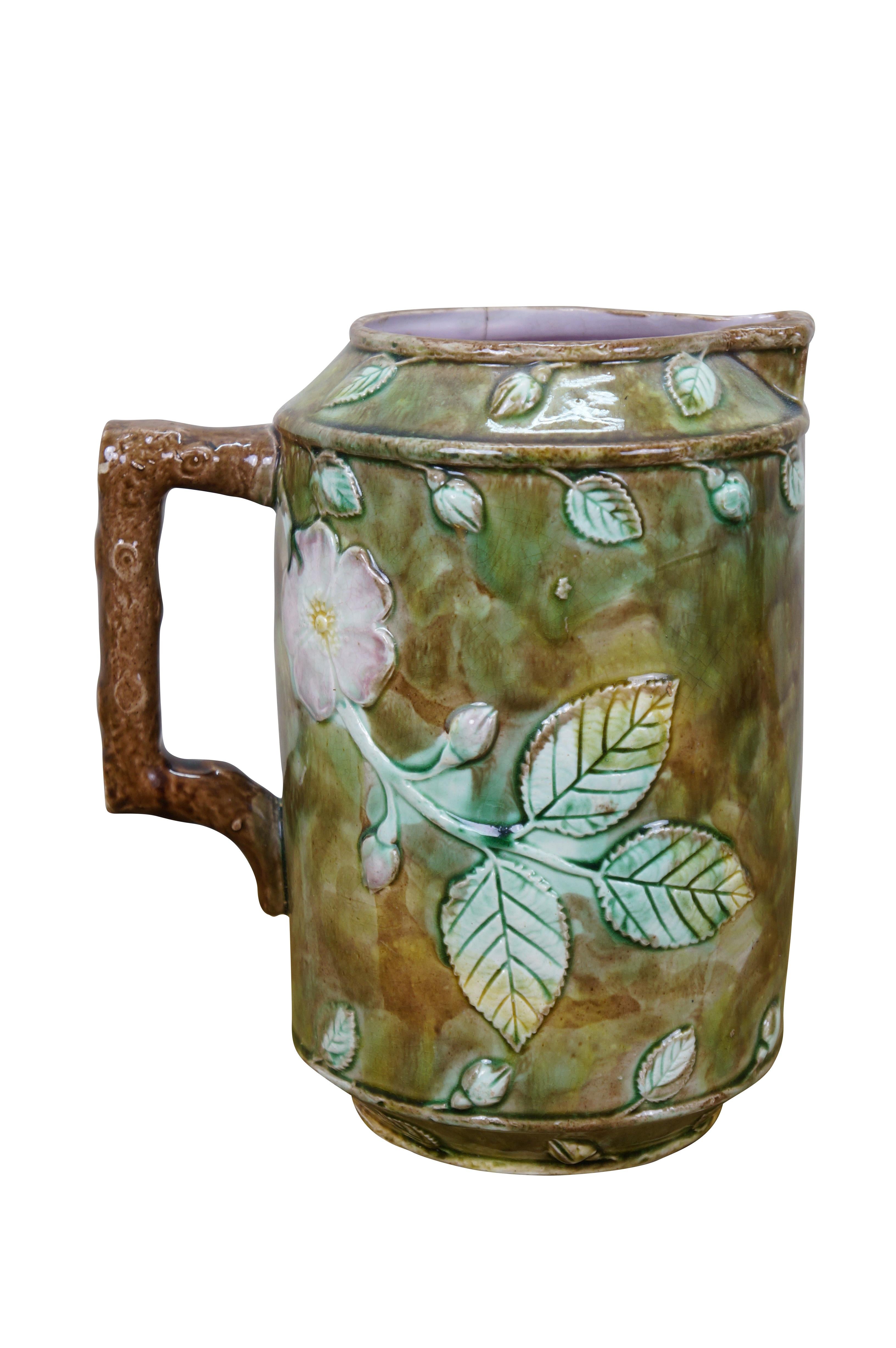 Antike Majolika Französisch Barbotine Hund Rose Blume Blüte Wasserkrug Krug 10