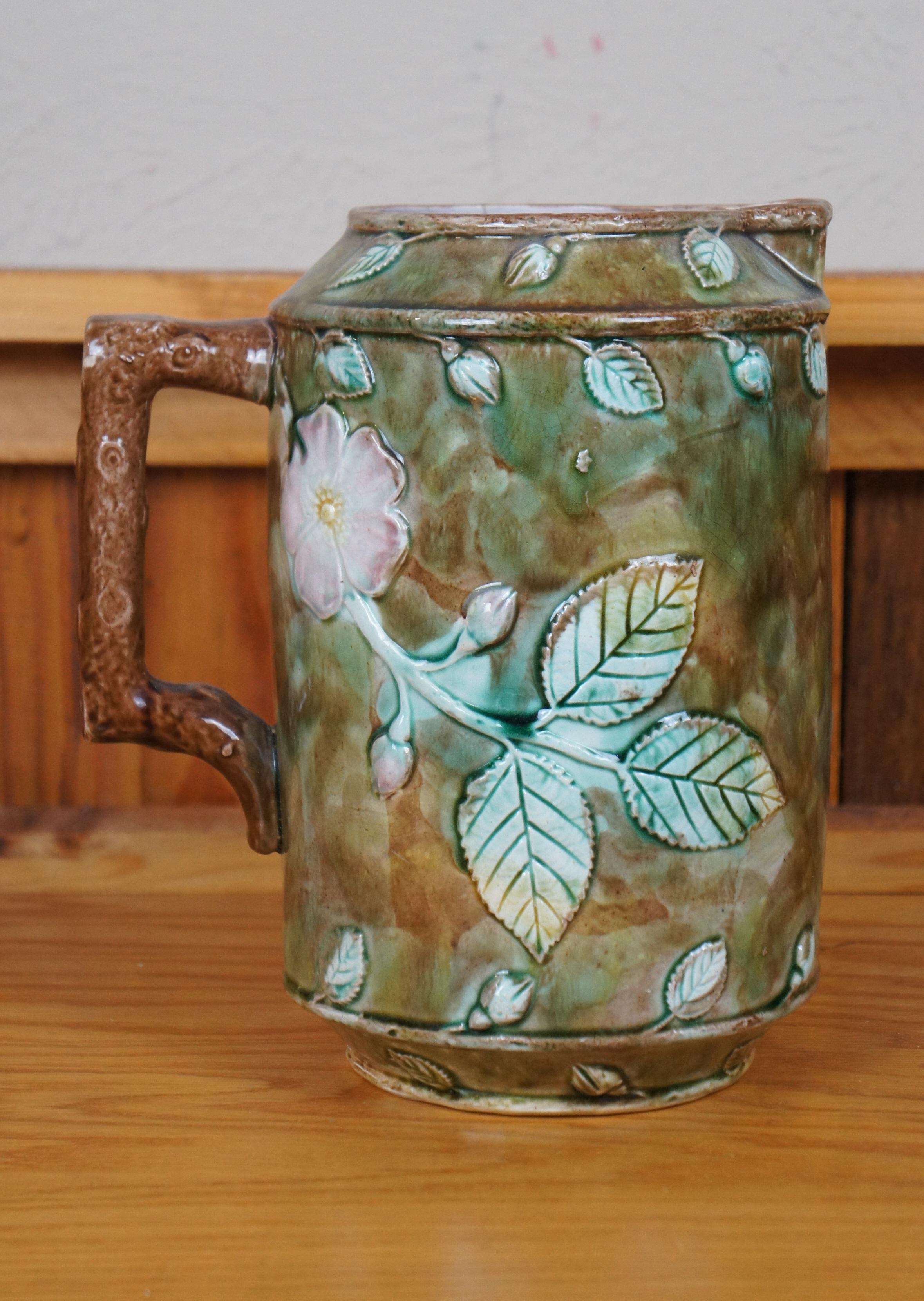 Antique Majolica French Barbotine Dog Rose Flower Blossom Water Pitcher Jug 10