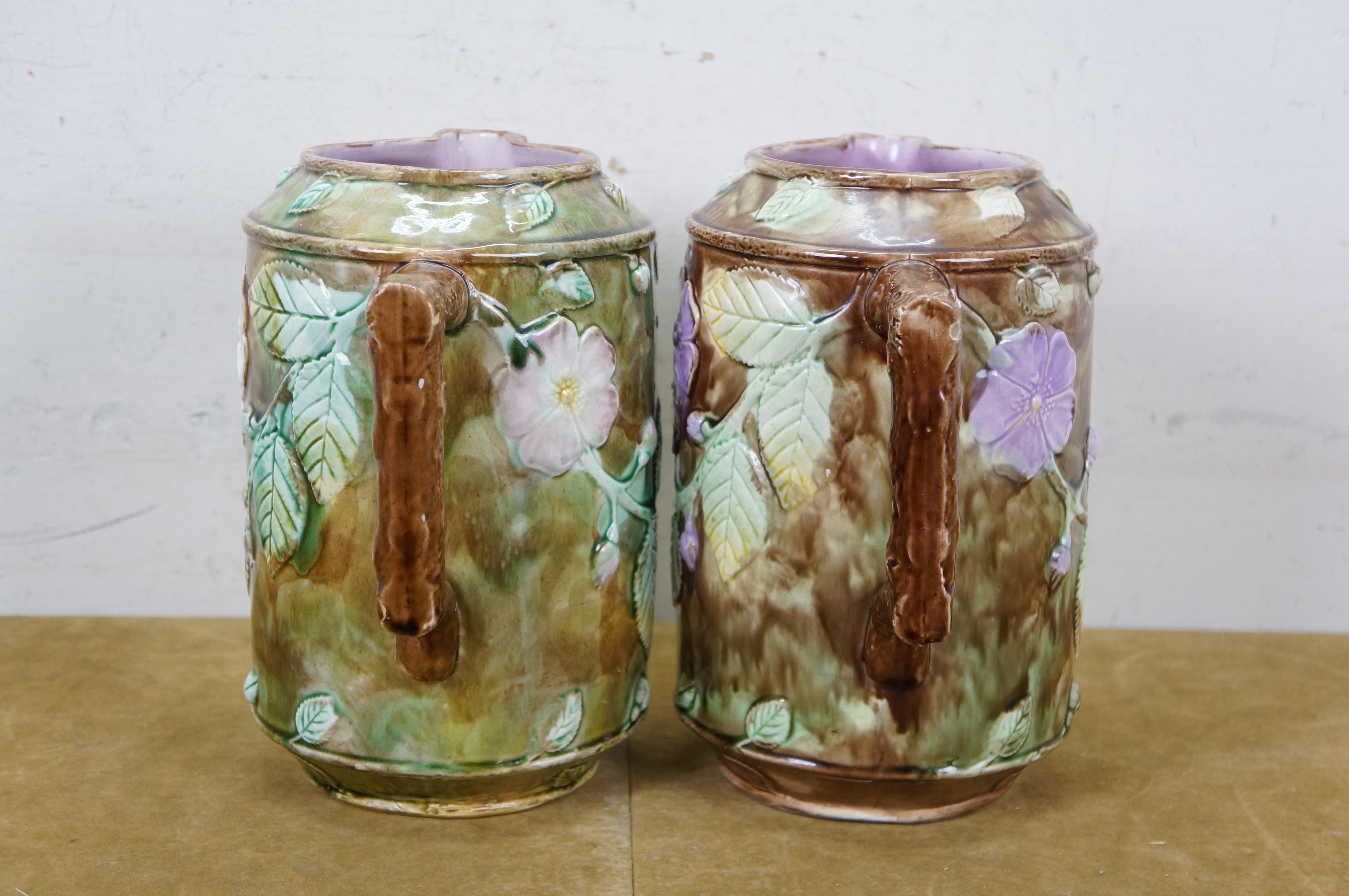 Antike Majolika Französisch Barbotine Hund Rose Blume Blüte Wasserkrug Krug 10