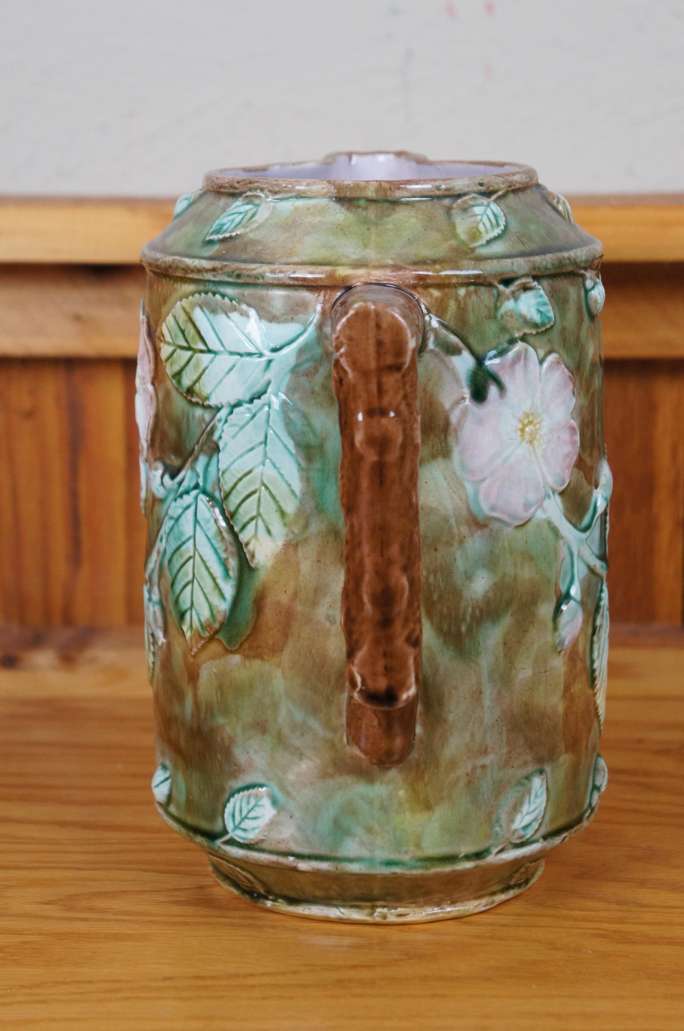 19th Century Antique Majolica French Barbotine Dog Rose Flower Blossom Water Pitcher Jug 10